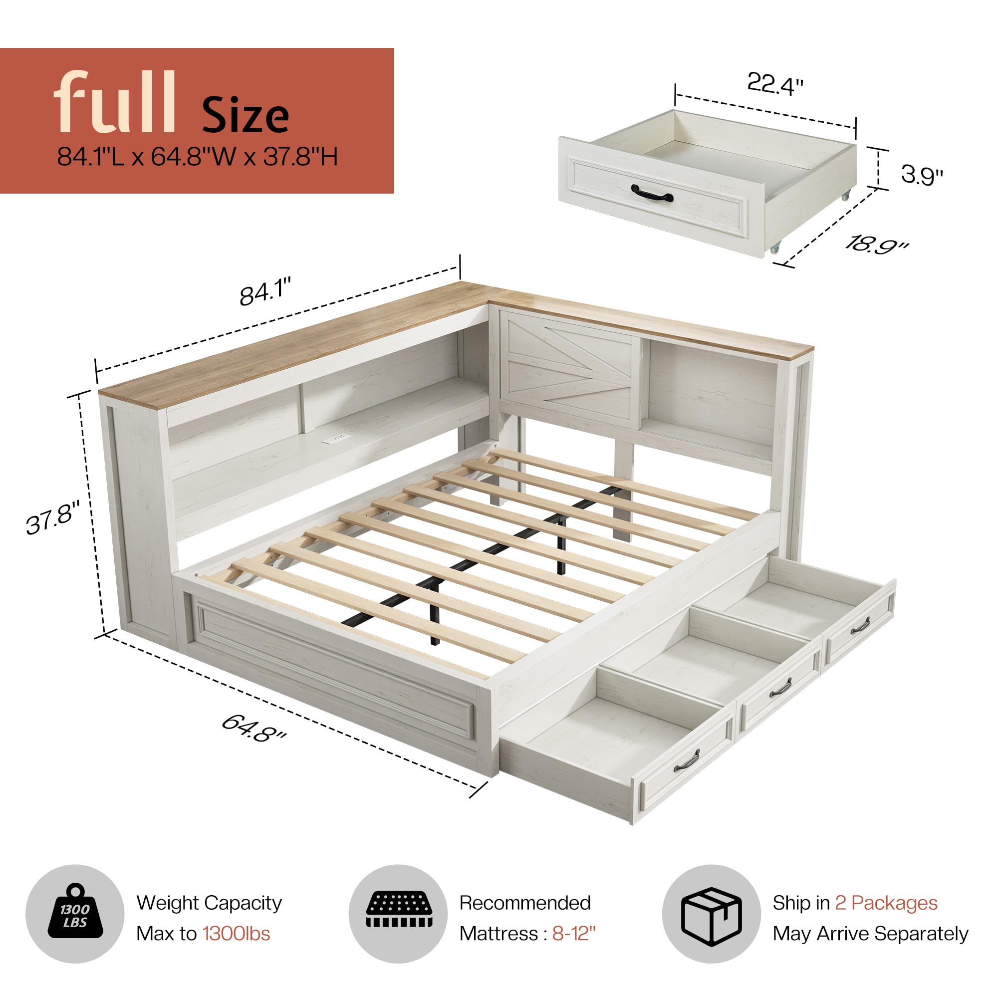 Jocisland Full Corner Bed Frame with Storage Drawers and Bookcase Headboard, Charging Station and Led Lights, Farmhouse Wood Daybed for Kids Teens, No Box Spring Needed, White