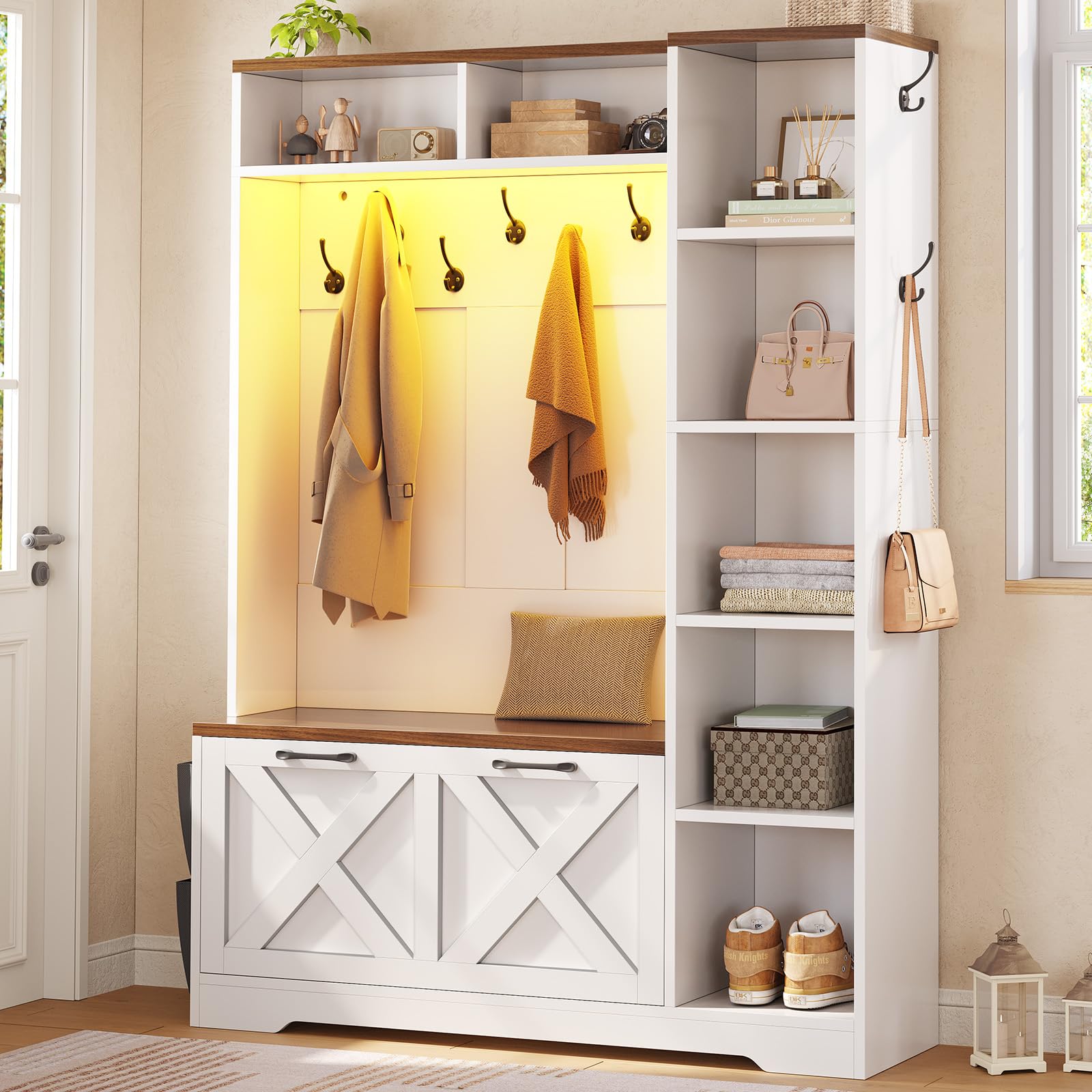 6-in-1 Farmhouse Hall Tree with Bench, Flip Shoe Cabinet, 10 Hooks & LED Lights