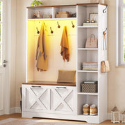 6-in-1 Farmhouse Hall Tree with Bench, Flip Shoe Cabinet, 10 Hooks & LED Lights