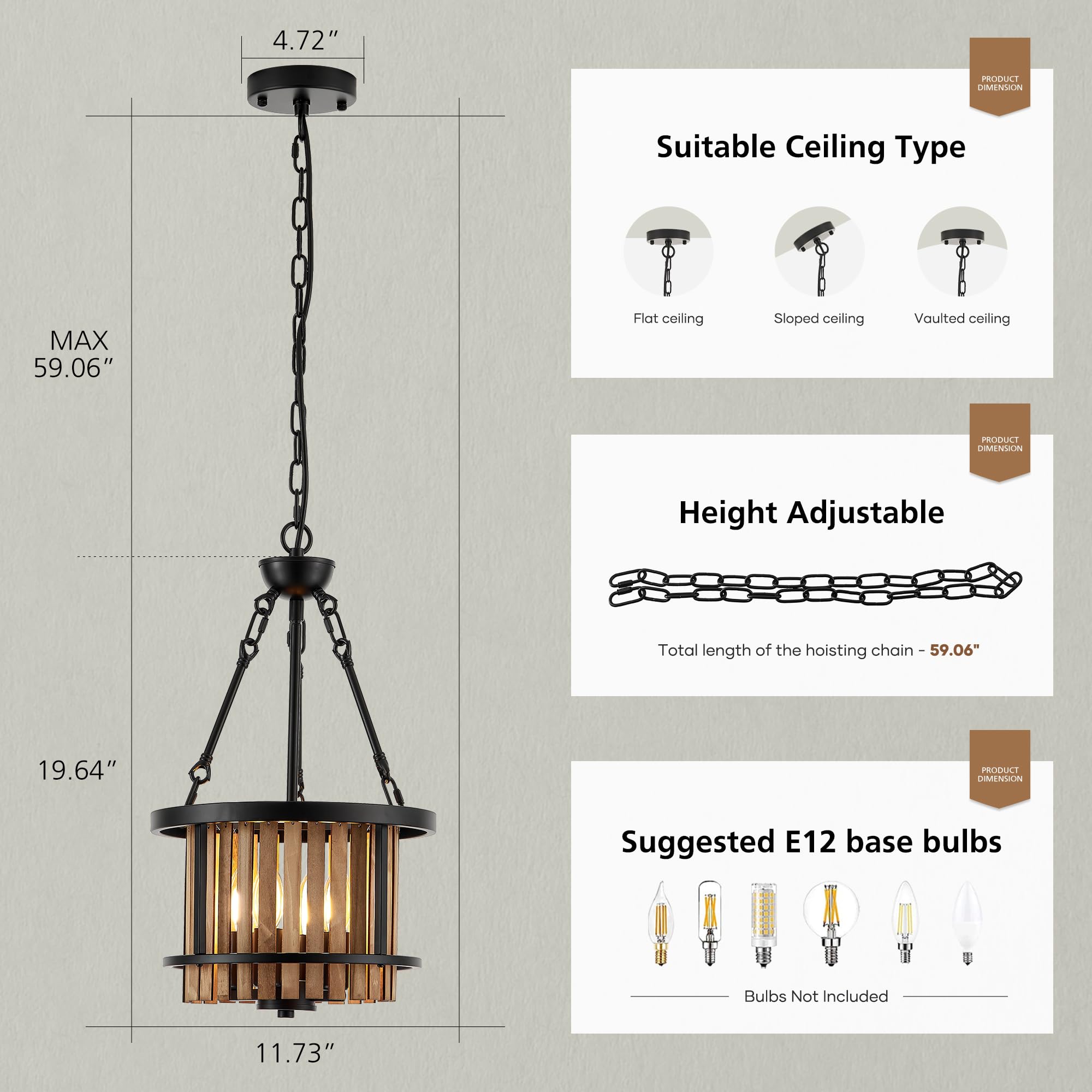 Aol furin 4-Light Drum Chandelier for Dining Room，11.8" Rustic Farmhouse Dining Room Light Fixture，Wood Grain and Vintage Black Metal Chandeliers for Kitchen Entryway Living Room