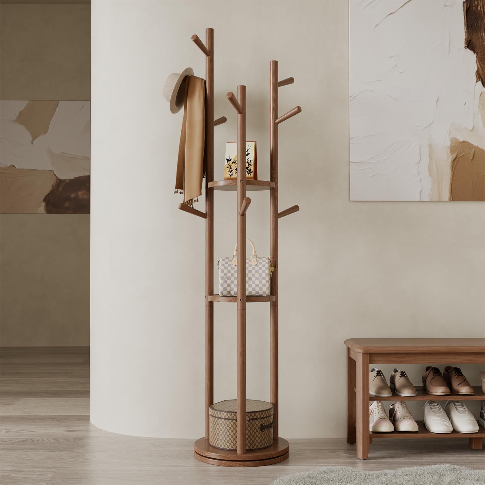 Rotating Wood Coat Rack with Shelves & Hooks
