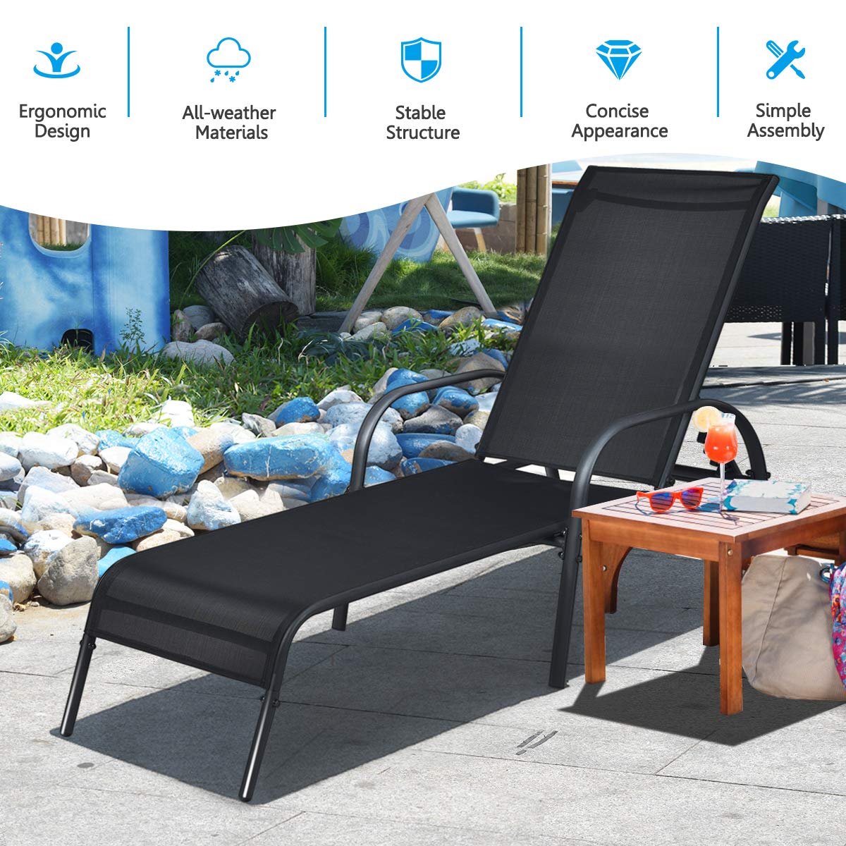 Giantex 2 Pcs Chaise Lounge Chair, Adjustable Reclining Lounge Chairs Patio Furniture, Backyard Lawn Sling Chaise w/Adjustable Back, Folding Recliners for Outdoor Beach Yard Pool (Black)