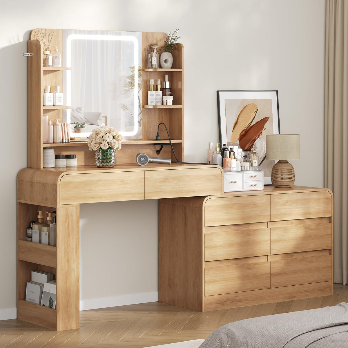 Vanity Desk with Mirror & Lights, 8 Drawers & Charging Station, Natural