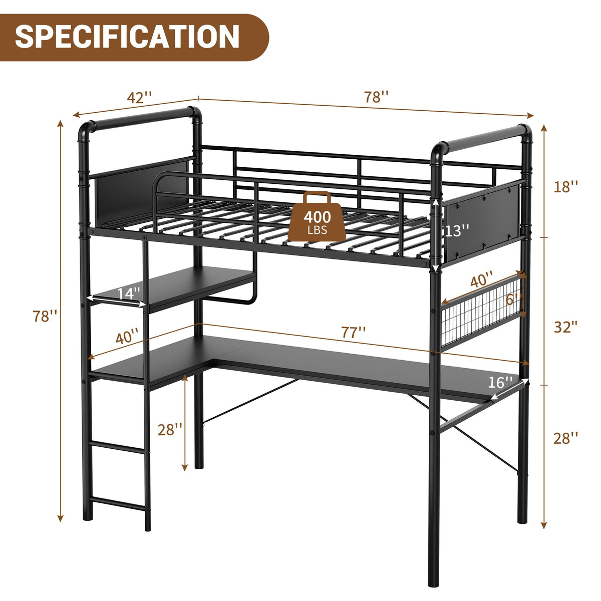 GarveeHome Loft Bunk Bed with L-Shaped Desk, Industrial Twin Loft Bed,Black