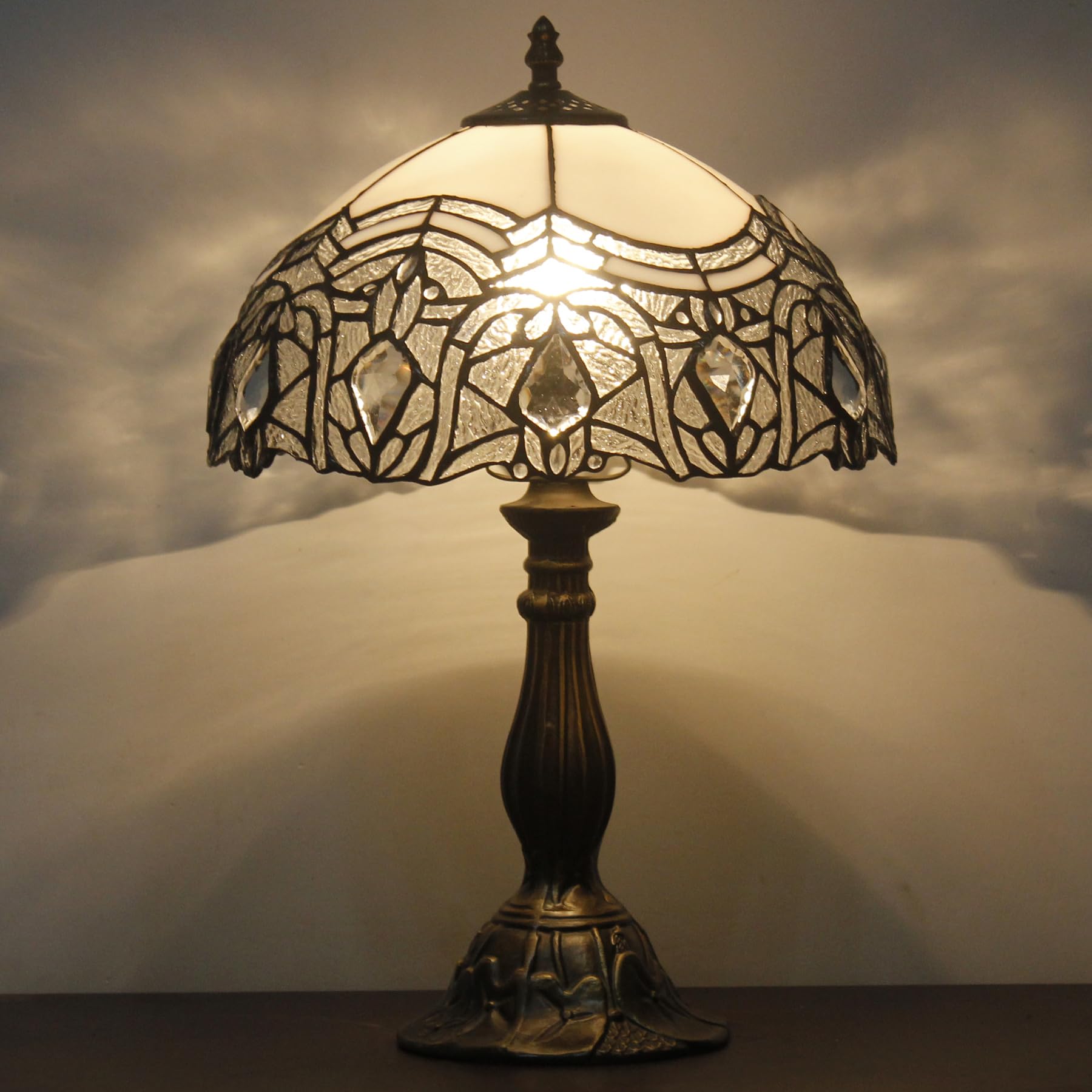 WERFACTORY Tiffany Lamp White Bent Stained Glass Bedside Table Lamp Desk Reading Light 12X12X18 Inches Decor Bedroom Living Room Home Office S508W Series