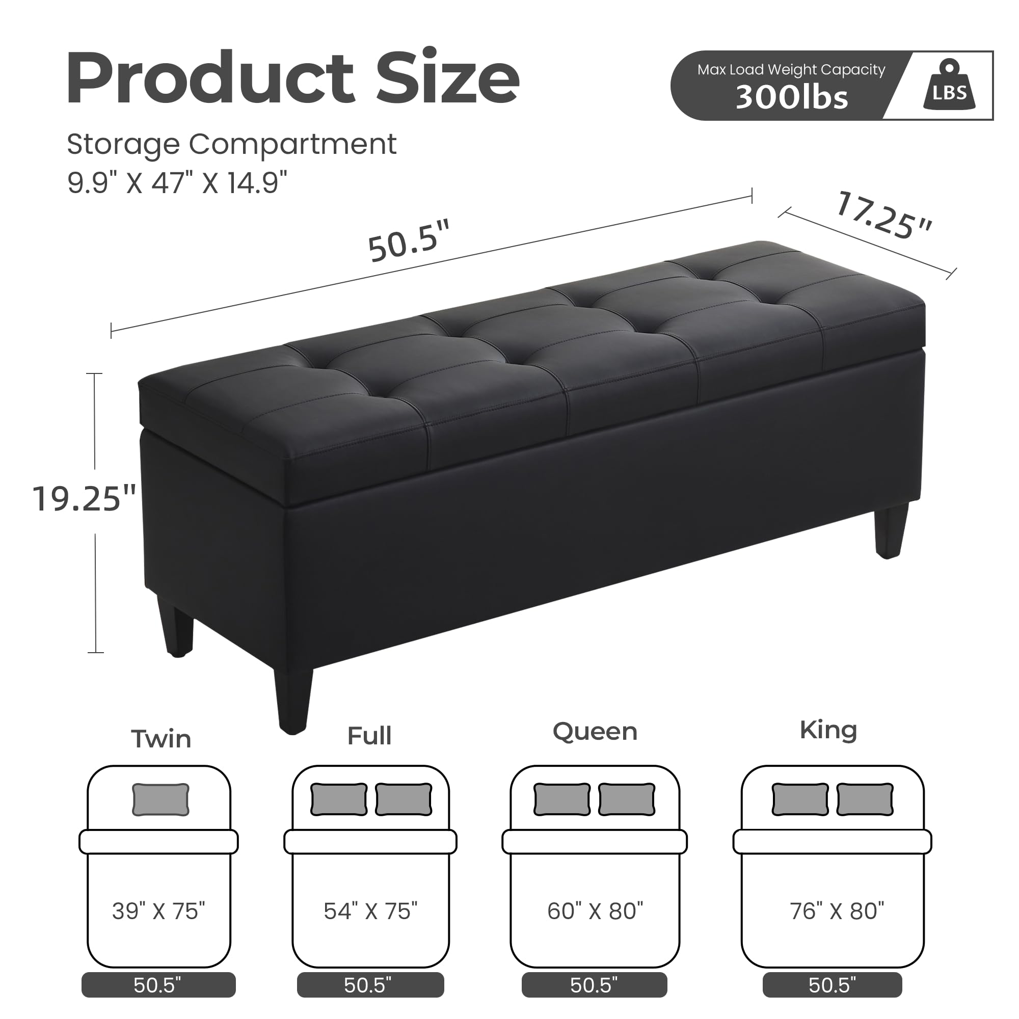 Womina 50.5 Inch Storage Ottoman Bench, Faux Leather Tufted Upholstered Bedroom Bench with Safety Hinges, Supports 300 lbs, Large Storage Bench for Living Room, Entryway (Black)