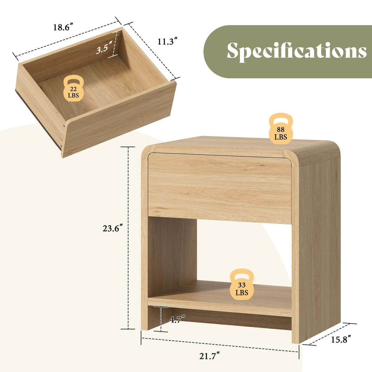 Nightstands with Drawer & Shelves, Set of 2