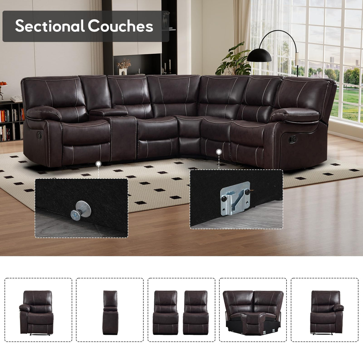 Bonzy Home Manual Recliner Sectional Sofa with Storage Console, Brown