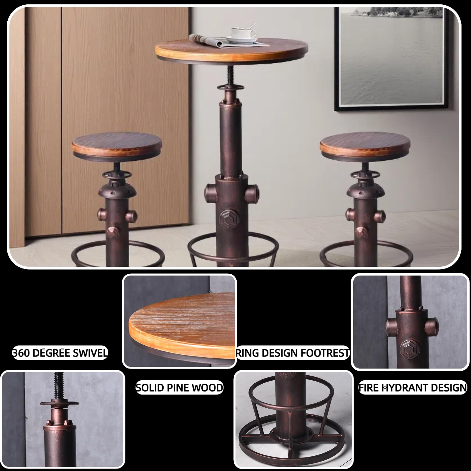 3 Pieces Vintage Dining Table Set Industrial Pub Table and Chairs Rustic Bar Table with Stools Swivel High Top Table Height Adjustable