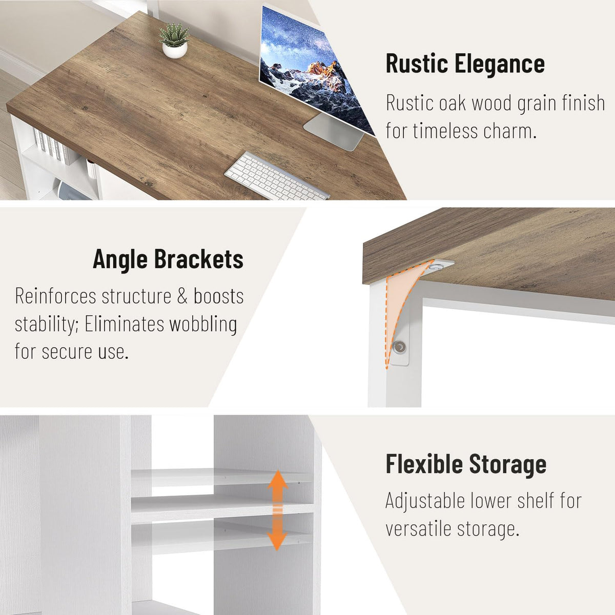 EXCEFUR Modern Computer Desk for Home Office, PC Gaming Desk with Reversible Storage Shelves, Study Writing Table Workstations for Living Room, 53 Inch, Rustic Oak and White