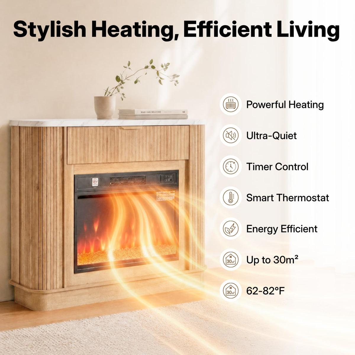 NORTHSKY 39" Farmhouse Electric Fireplace with Mantel, 23" Insert 9‑Color LED Crystal Flame Effect, Freestanding Curved Fluted Wood Fireplace Heater W/Storage&Remote Control for Living Room Bedroom
