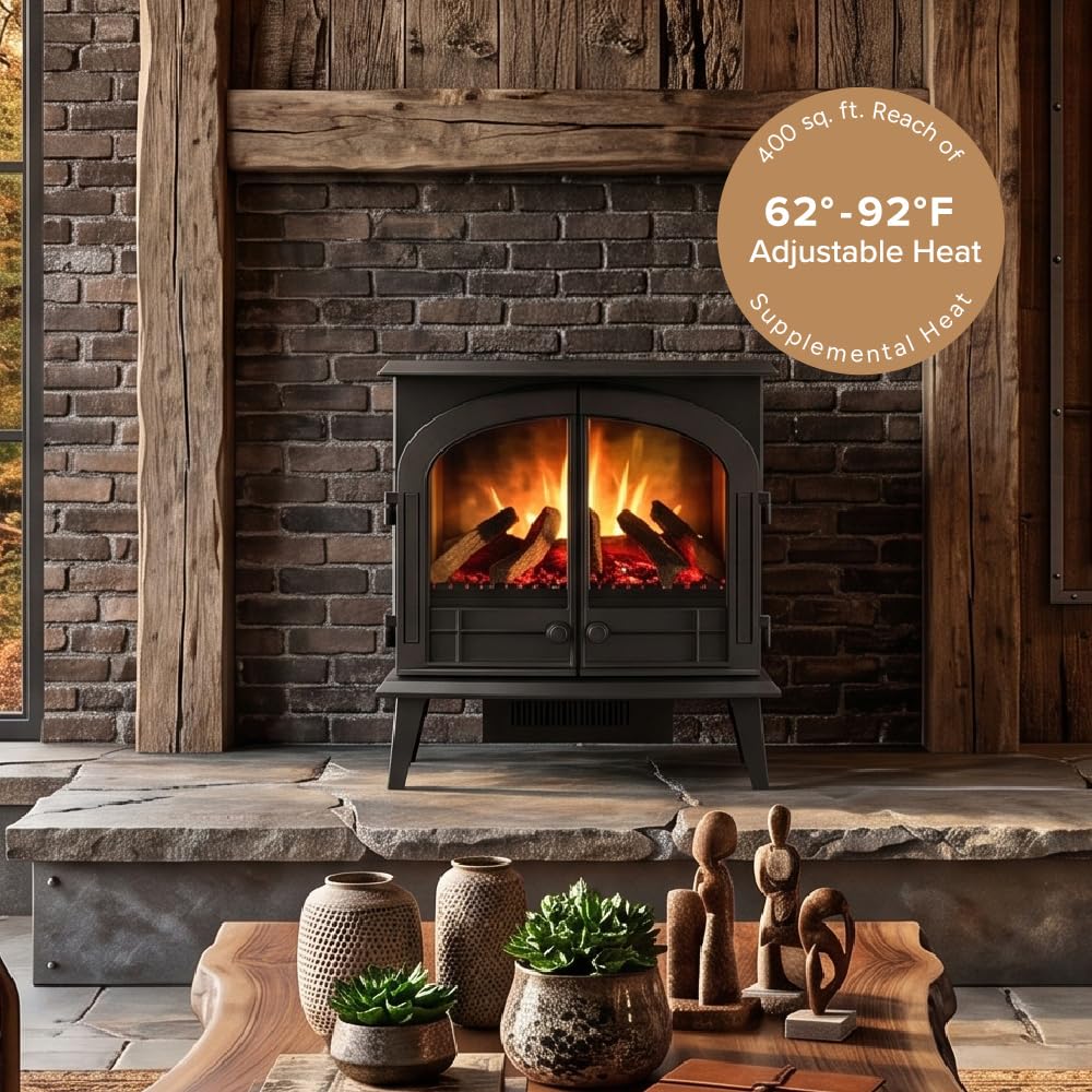 Modern Ember Harlowe Freestanding Electric Fireplace Stove Heater in Black with Multi-Color Ember Bed | Smart Technology | Alexa/WiFi Enabled | 1500W | Indoor Portable Heater | Safety Shutoff