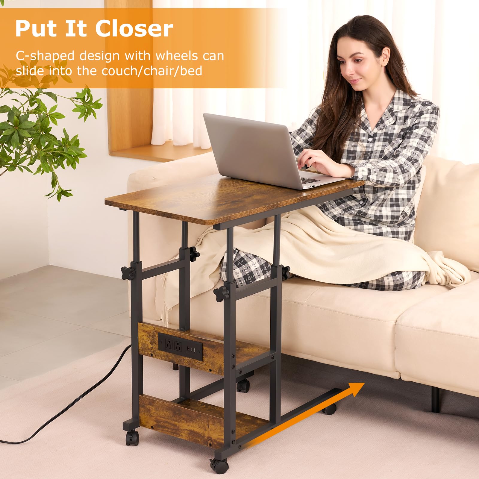 Armocity C Shaped End Table Height Adjustable - Couch Side Table with Charging Station, TV Tray with Wheels Slide Under Sofa for Small Spaces, Living Room Bedroom, Rustic Brown