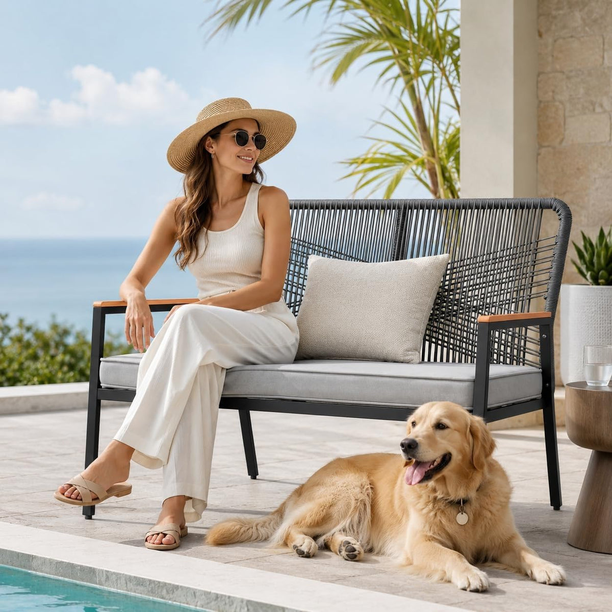 Rattan Patio Loveseat with Cushion