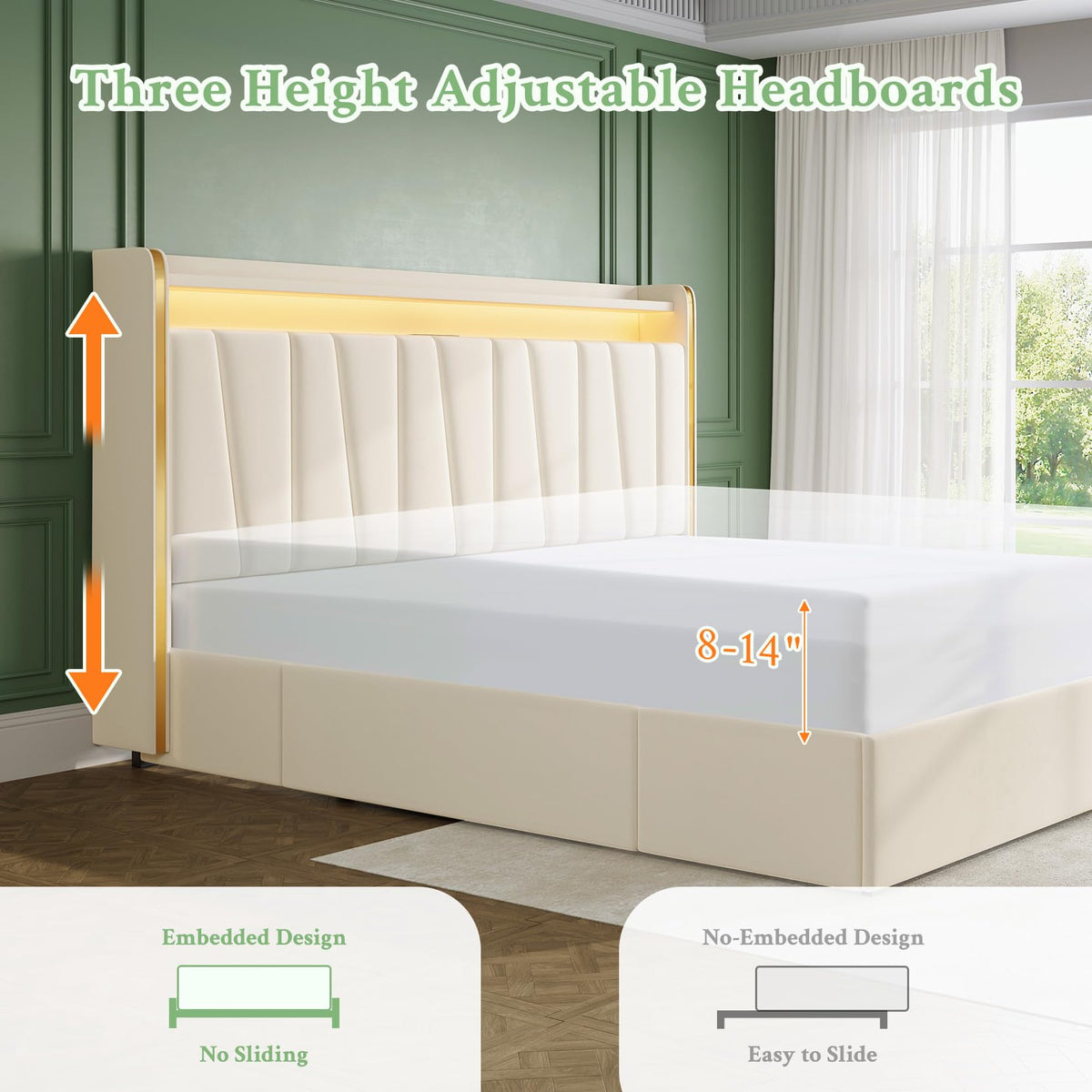 King Upholstered Storage Bed with LED Headboard