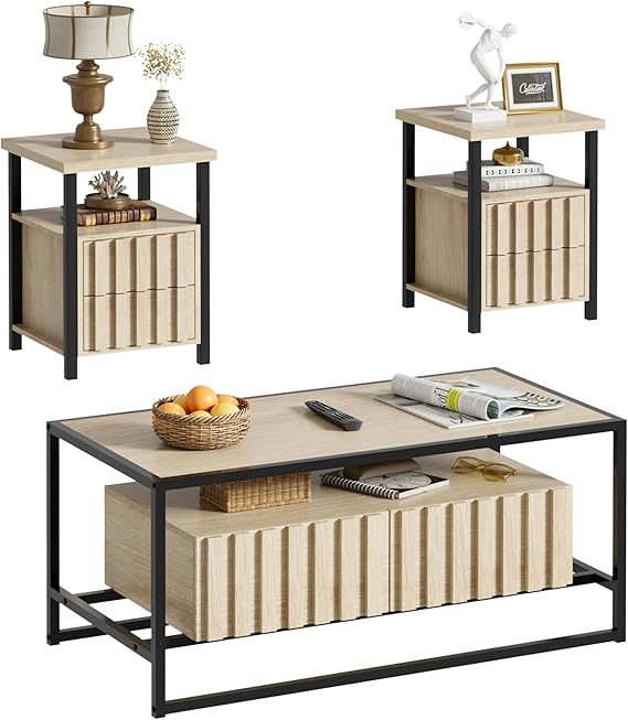3-Piece Coffee Table Set with Drawers & Open Shelves