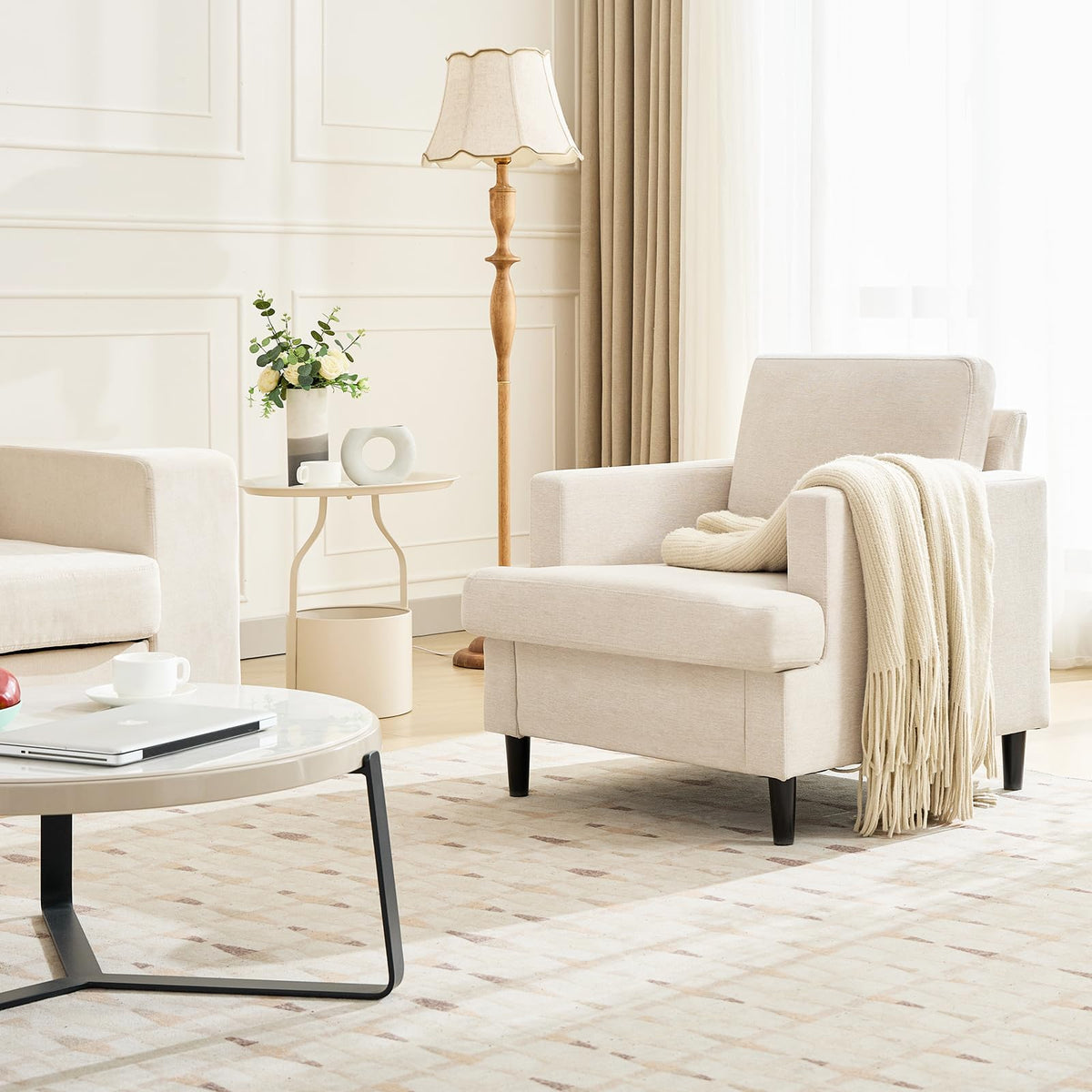 Beige Linen Accent Chair