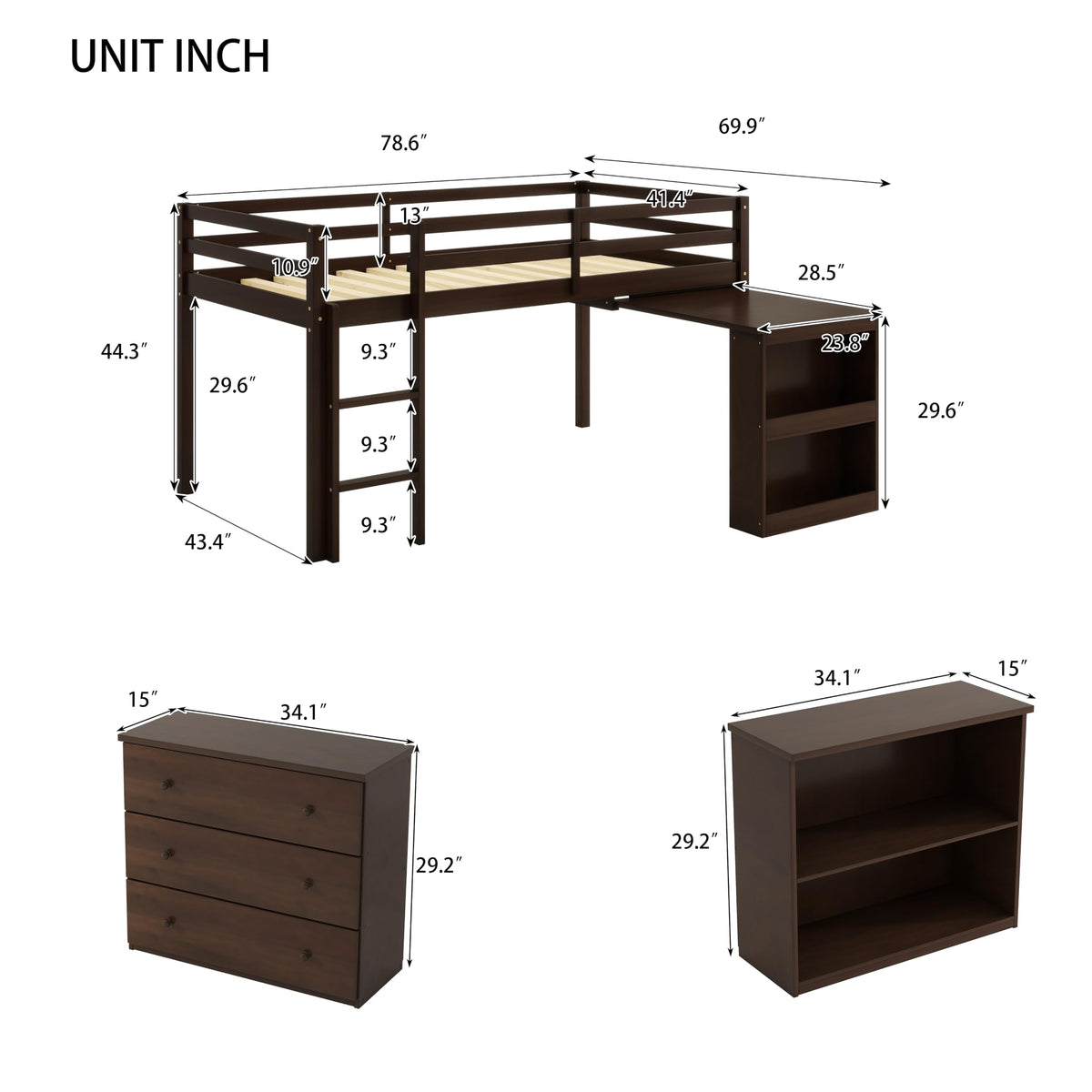 PVWIIK Twin Size Low Loft Bed with Desk,Storage Drawer for Kids,Espresso