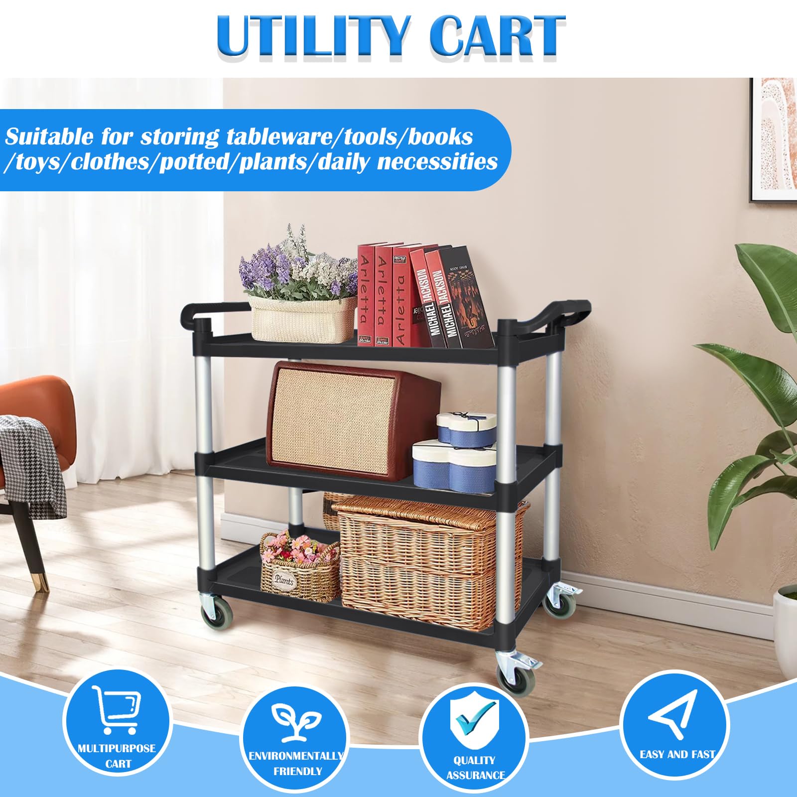 3-Tier Rolling Utility Cart with Wheels