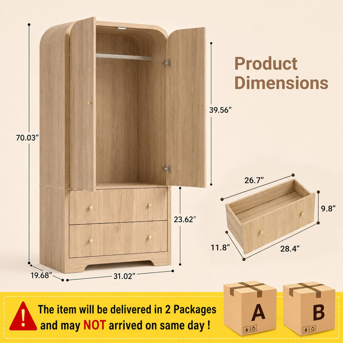 Seang Arched Armoire Wardrobe Closet,70" Wooden Wardrobe Cabinet with 2 Drawers,Hanging Rod,2 Doors Clothing Storage Cabinet for Bedroom,Gym,Cloak Room,Natural