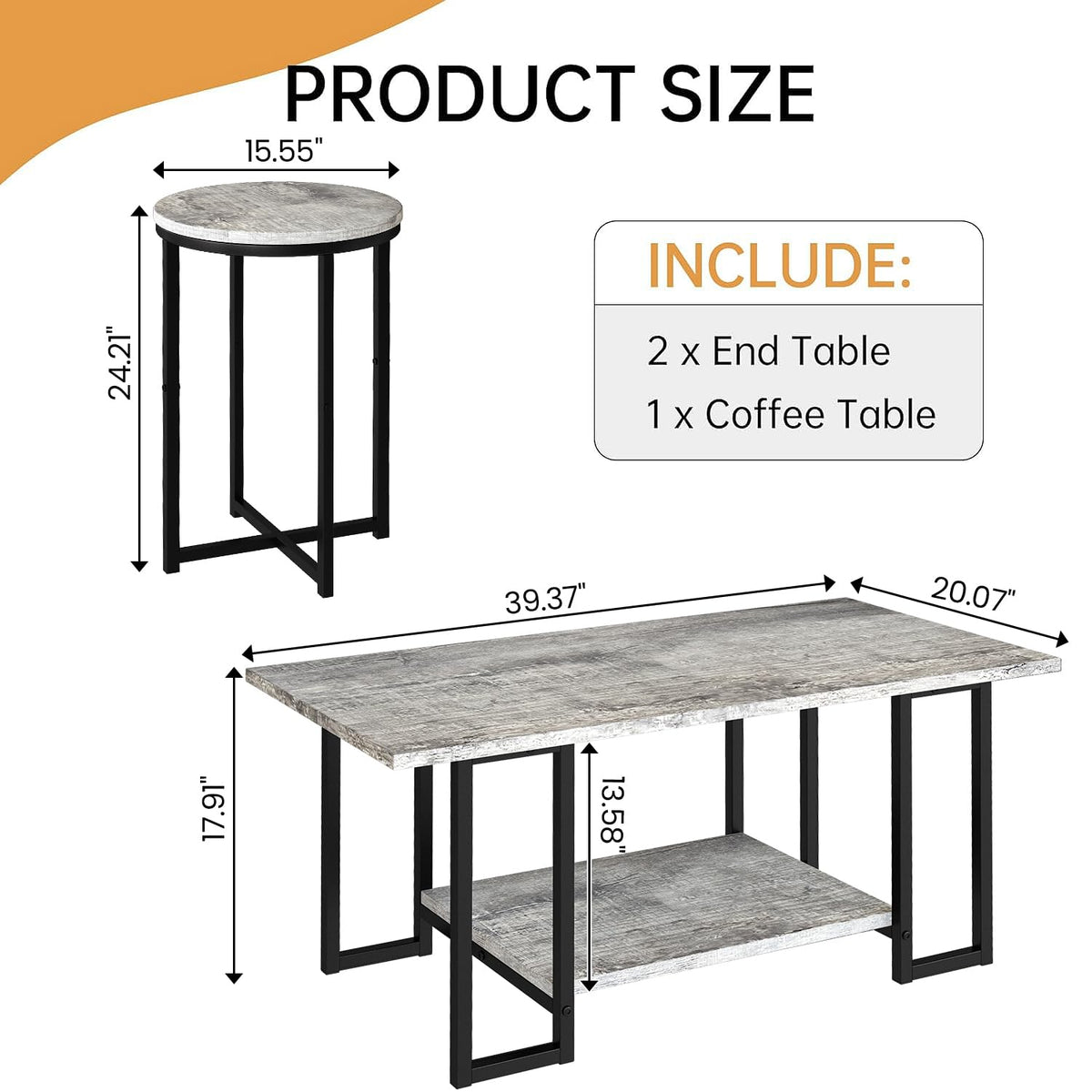 Lamerge 3 Pieces Living Room Table Set, Coffee Table with 2 Round End Side Tables, Coffee Table Set with Metal Frame for Apartment Home Office, Grey&Black