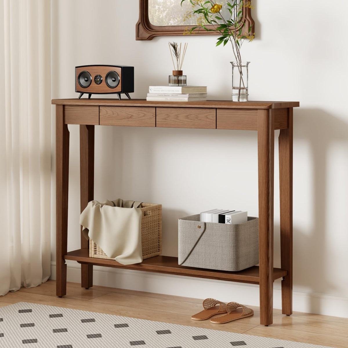 AQIMUELE Wood Console Table with Drawers, Walnut