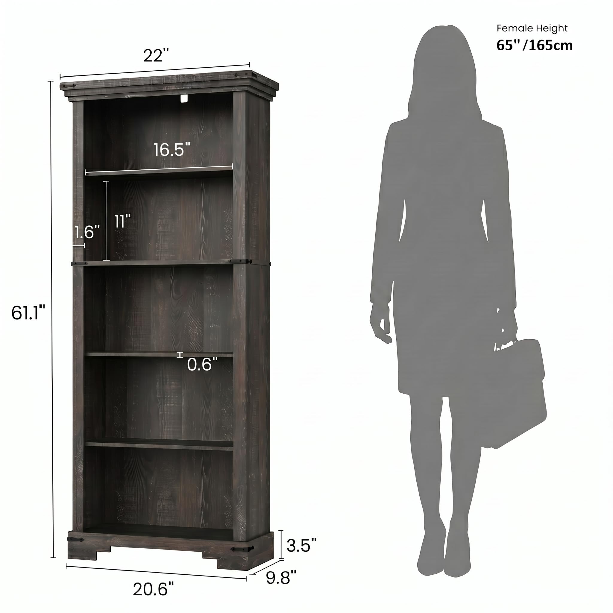 HOTLUU 5-Tier Farmhouse Bookshelf, 61.1 inch Tall Bookcase with Storage & Unique Design & One Adjustable Shelf, Wooden Bookshelf for Study Room, Living Room, Home Office, Bedroom (Black)