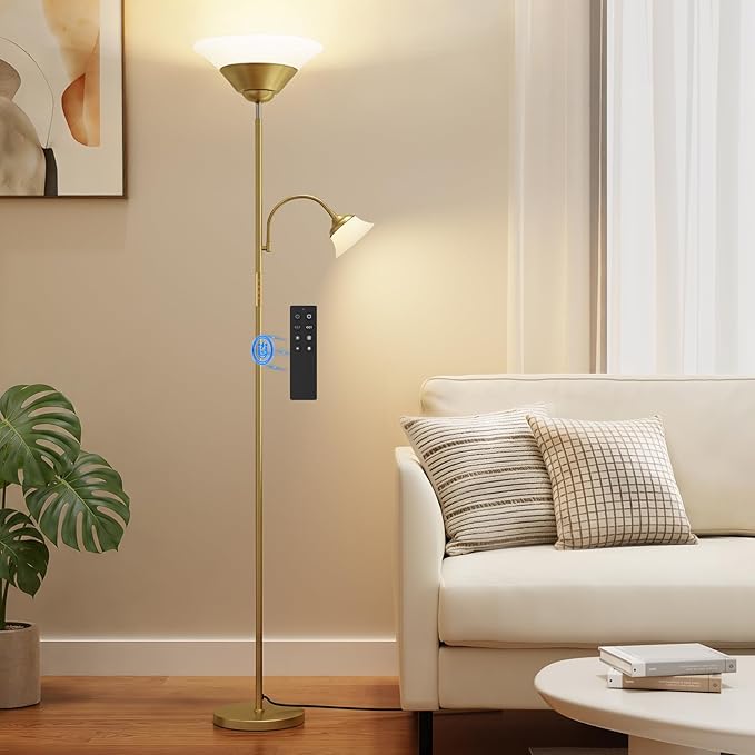Dual-Zone LED Torchiere Floor Lamp with Gooseneck Reading Light