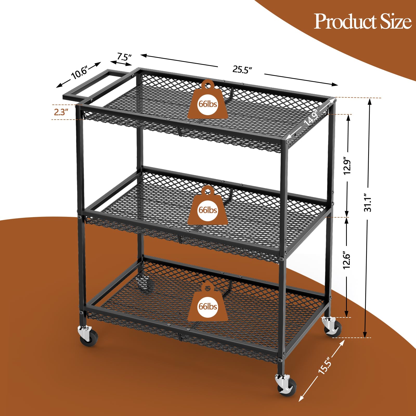 3-Tier Rolling Utility Cart with Locking Wheels