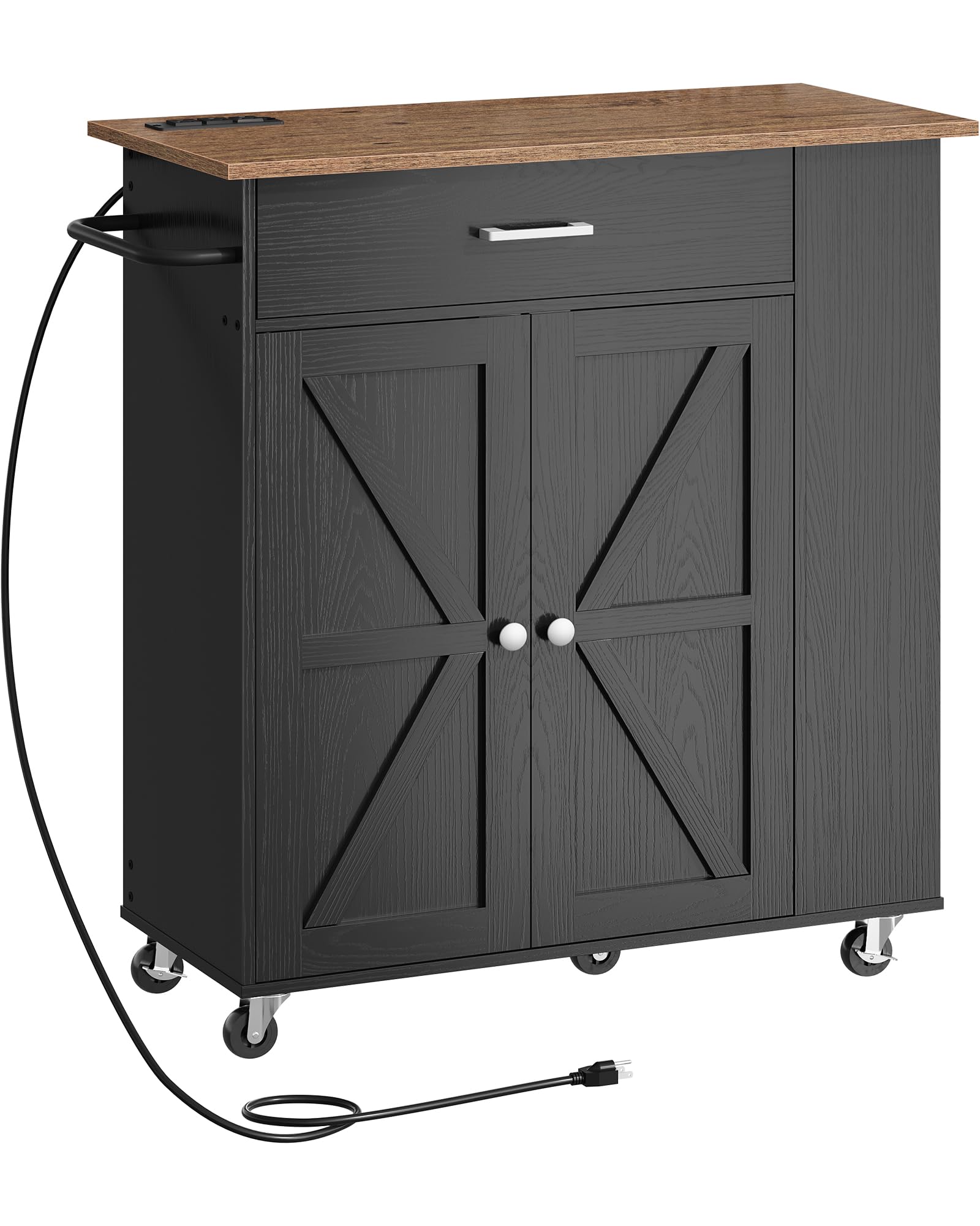 CHOEZON Kitchen Island Cart with Storage, Bar Cart with Charging Station, Kitchen Island on Wheels, Rolling Mobile Table with Cabinet, 3 AC Outlets, Black and Walnut MZD04UBL
