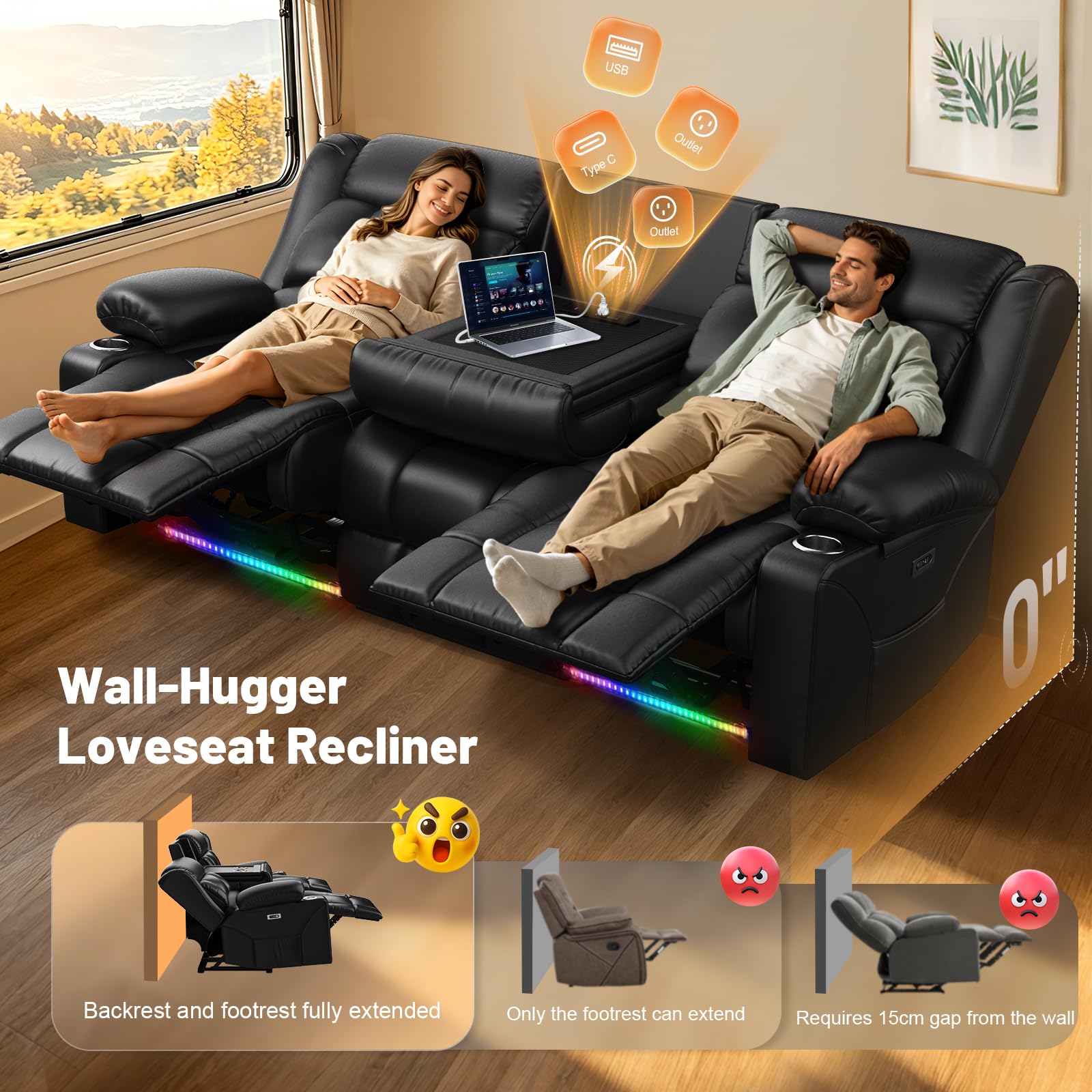 Dresegmt Power Loveseat Recliner Sofa, Wall Hugger RV Reclining Loveseat Couch with Flip Middle Backrest Design, Large Storage Drawer, Power Home Theater Seating with Pillow, LED Light, Outlet (Black)