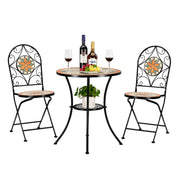 VINGLI 3 Pieces Garden Patio Mosaic Table, Outdoor Bistro Set with Folding Chairs,Black Iron Frame