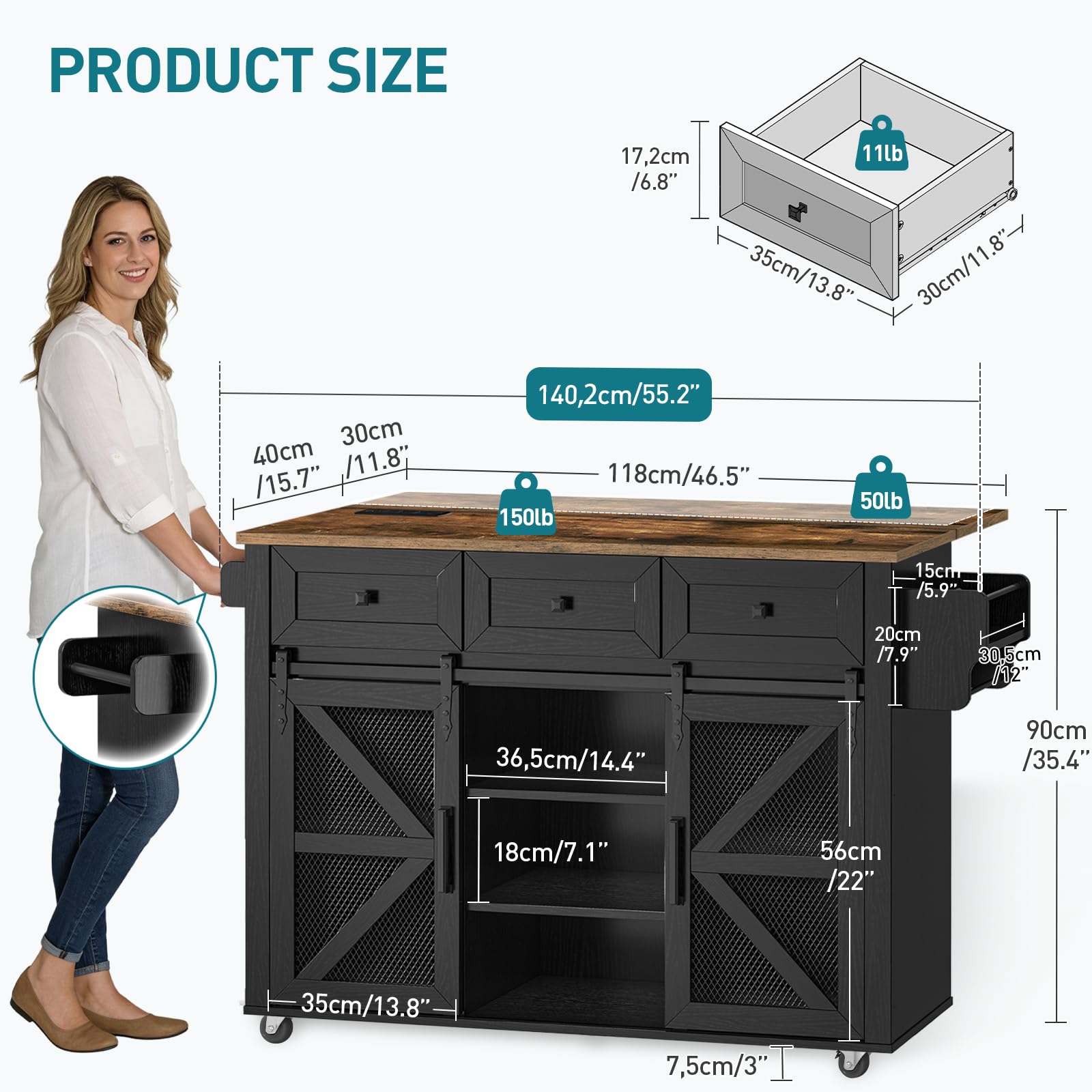Kitchen Island with Storage & Drop-Leaf