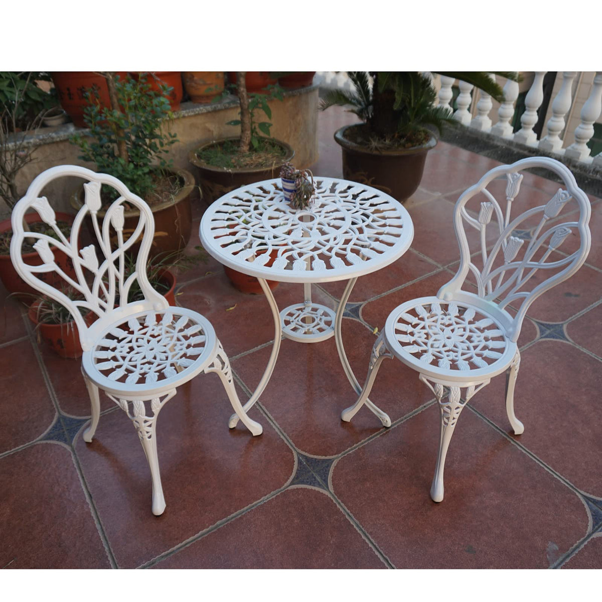 KAILI Patio Bistro Sets 3 Piece cast Aluminum Patio Furniture Outdoor Garden Metal Rust Proof Tables and Chairs White bisrto Set (Tulips-White)