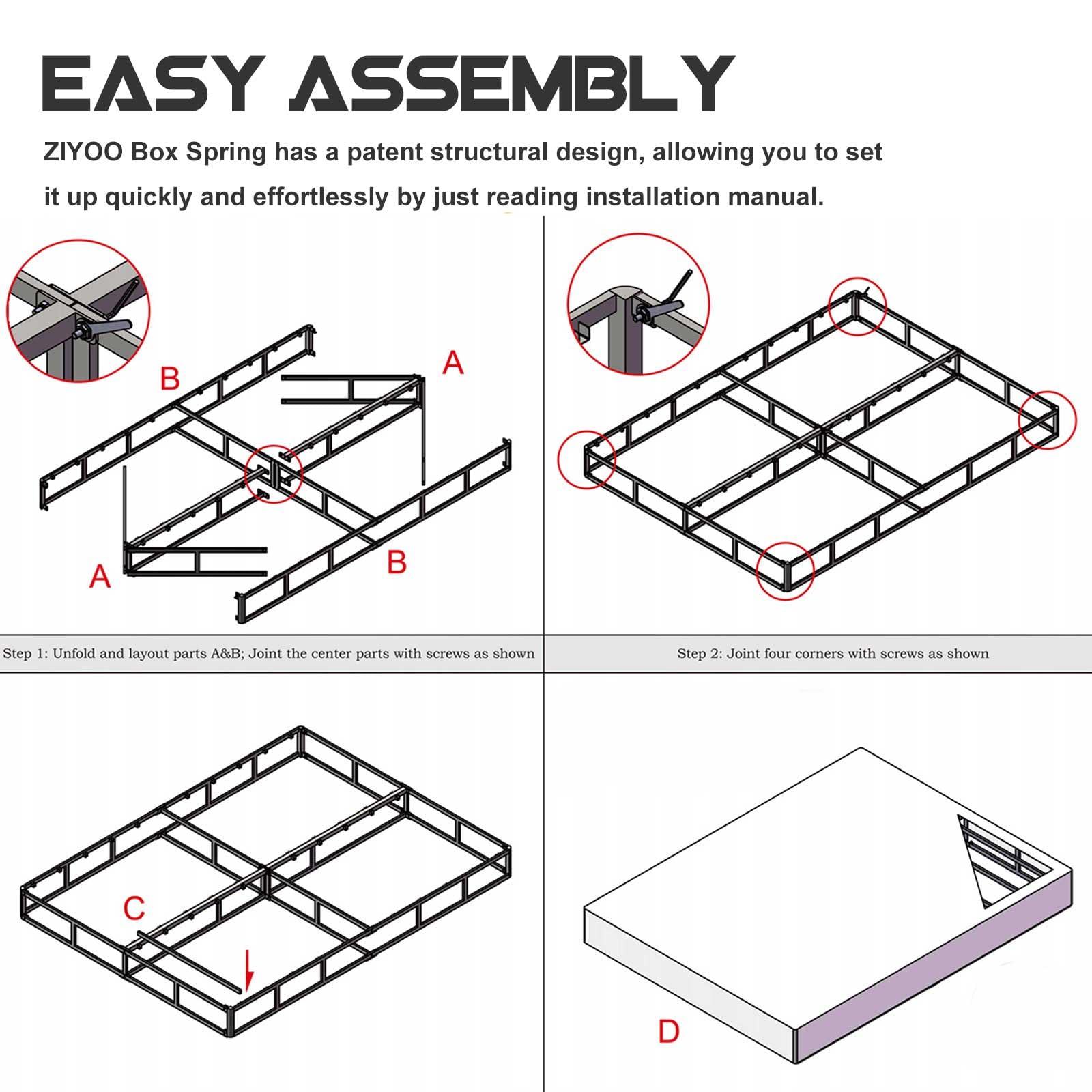 ZIYOO California King Box Spring and Cover, 9 Inch High Profile Easy Assembly,Mattress Foundation/Heavy Duty Metal Steel Structure/Quiet Noise-Free Accessory