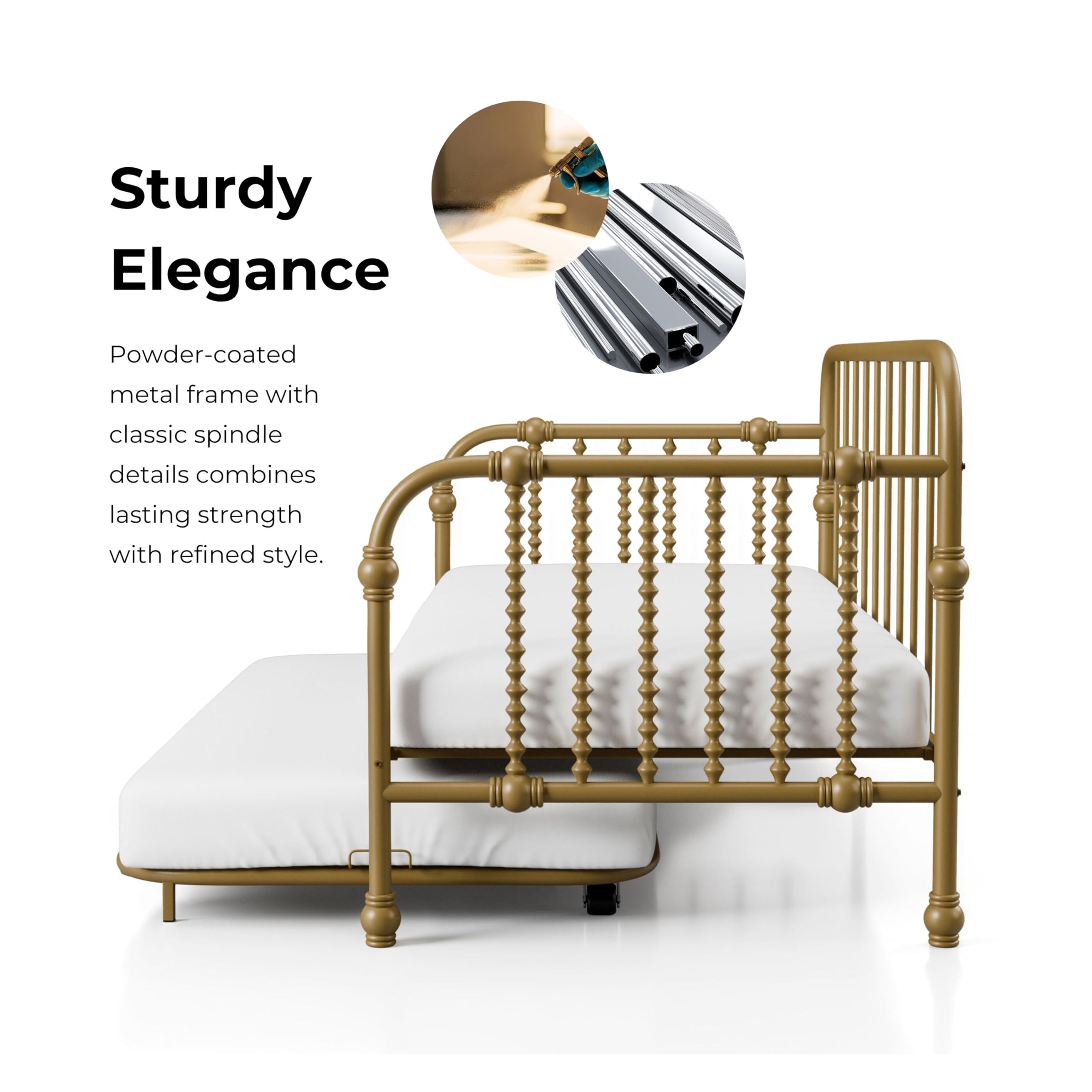 Furniture of America Wren Modern Metal Twin Size Daybed with Trundle and Wheels, Sofa Bed with Spindles and Checker-Box Frame for Living Room, Bedroom, Guest Room, Gold