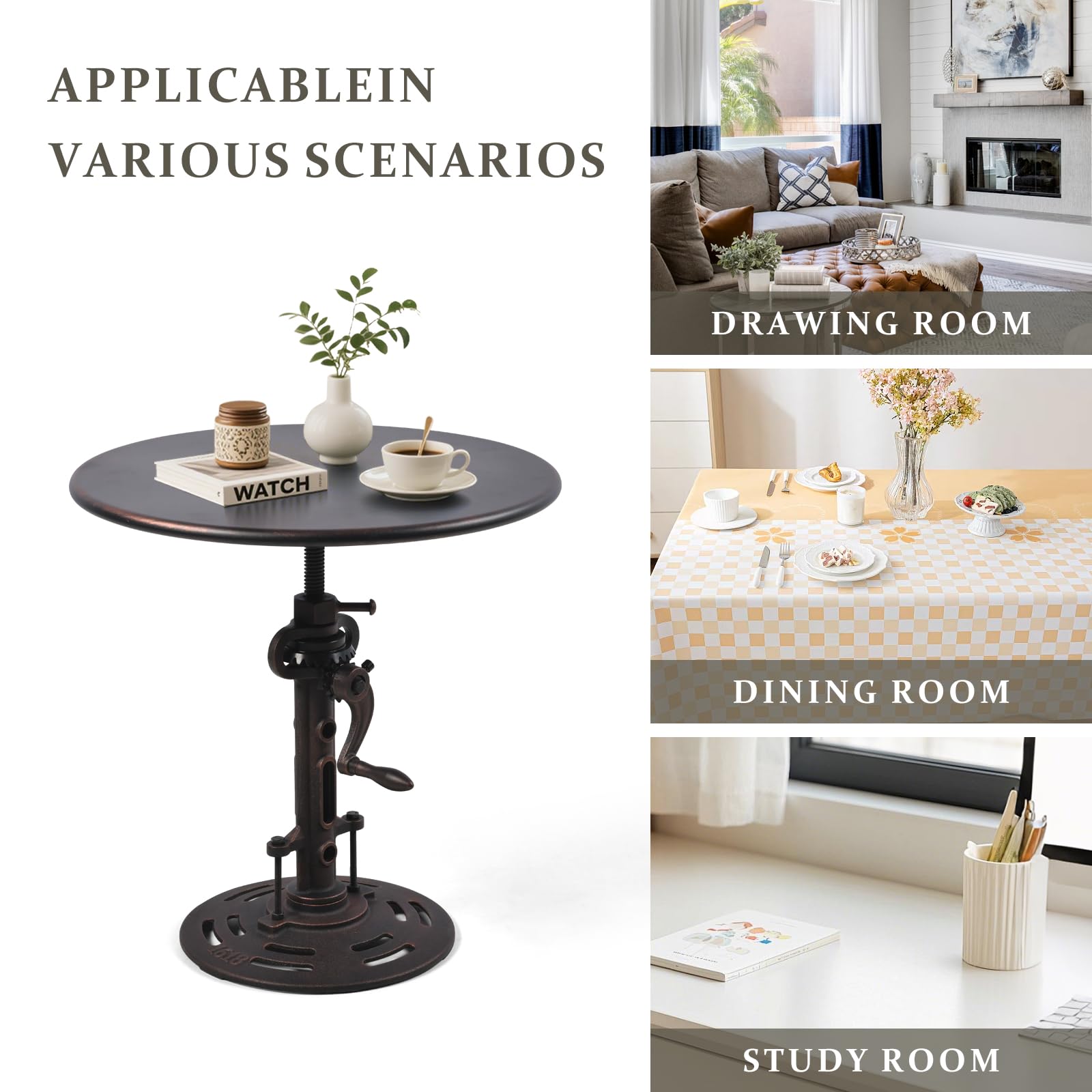 LOKKHAN Vintage Industrial Adjustable Height Crank Table for Home or Café- Round Iron Bistro/Dining/Desk with Mechanical Inspired Hand- Rustic Antique Style, Copper