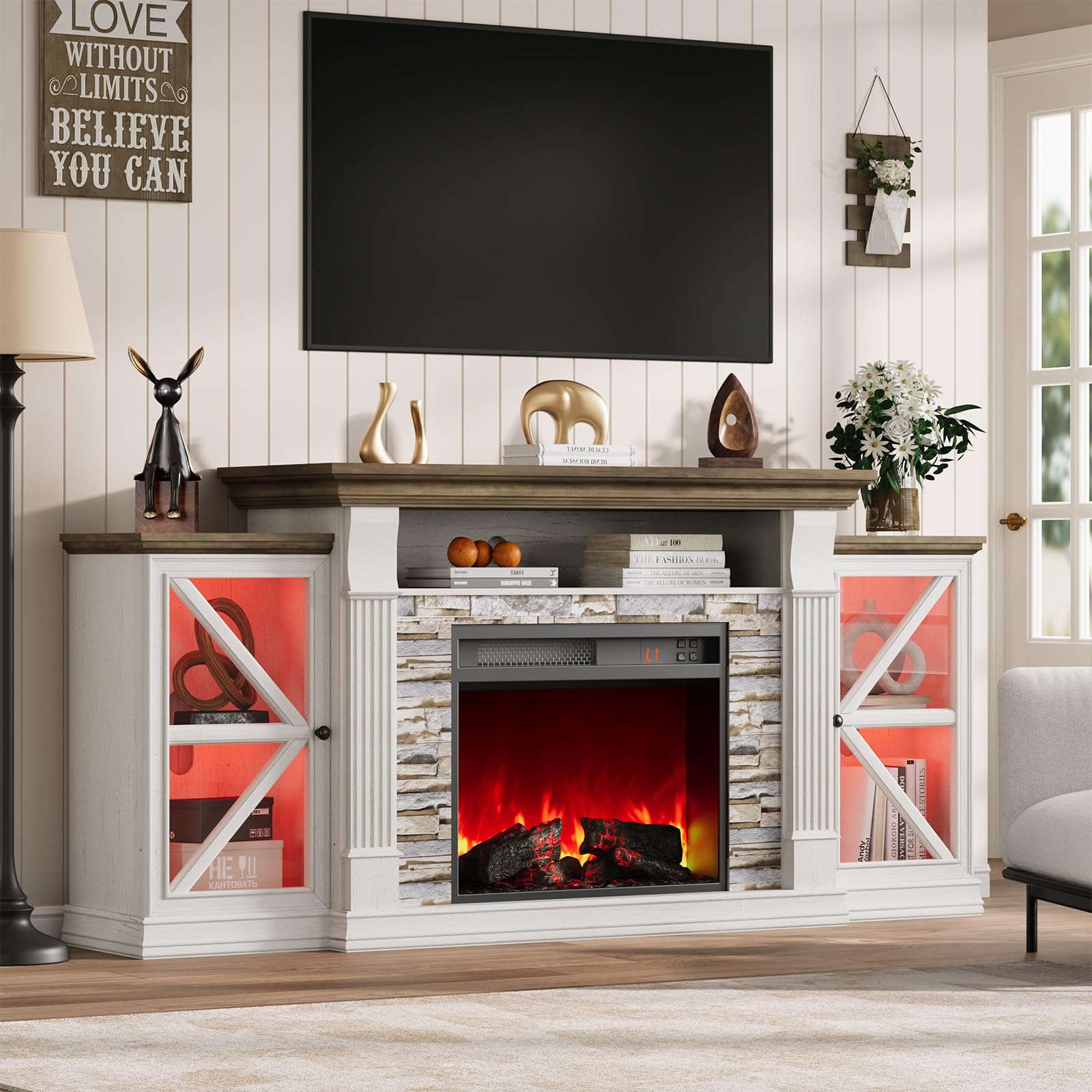 70" Electric Fireplace TV Stand with Glass Barn Doors