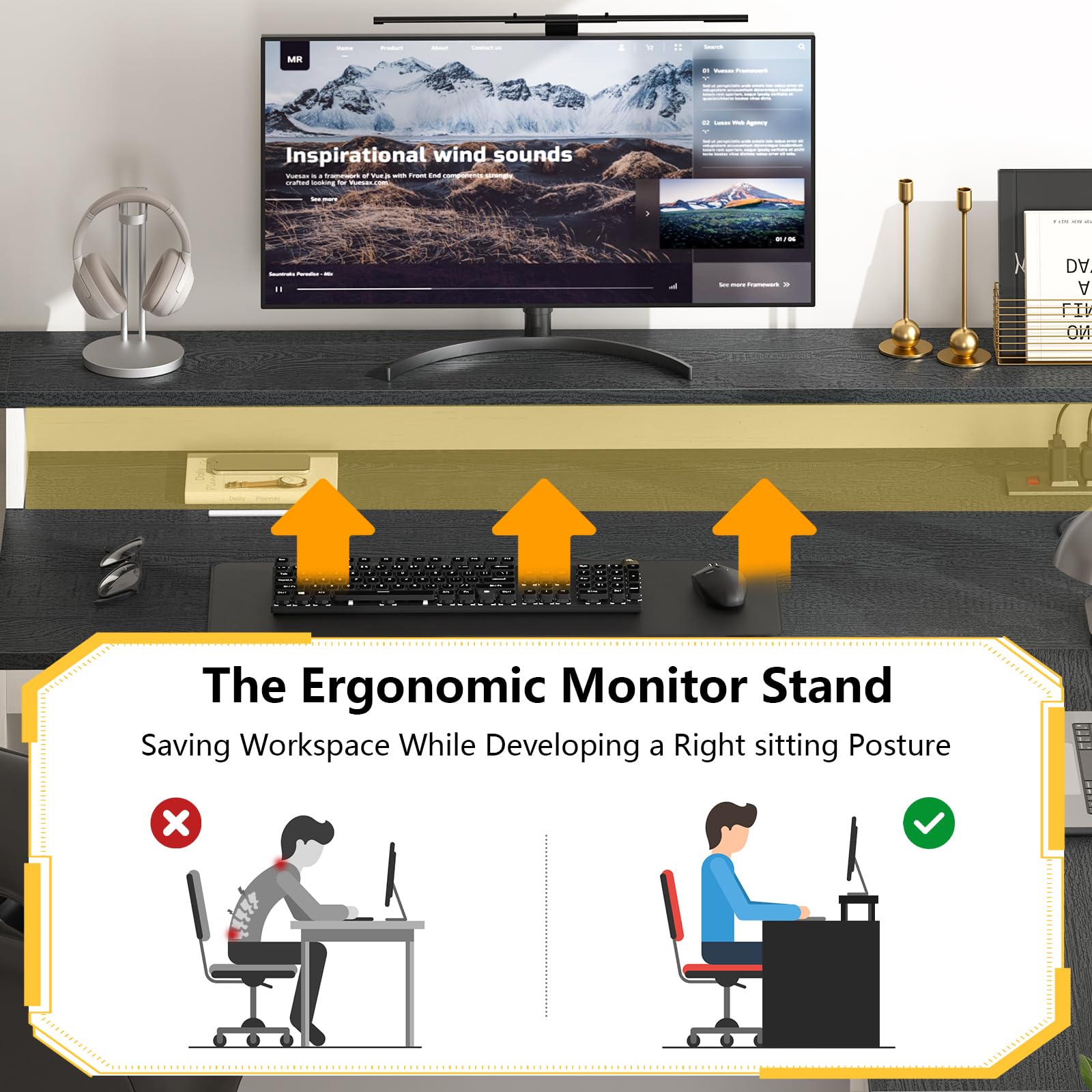 YOMILUVE 63" Farmhouse L Shaped Executive Desk with Drawers & Storage Shelf, Corner Computer Desk with Power Outlets, L Shaped Office Desk with Monitor Stand, Printer Shelf, Black and White