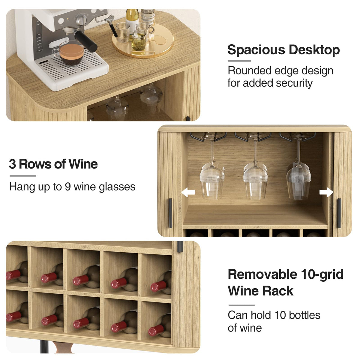 Coffee Bar Cabinet with Storage, Fluted Wine Cabinet with Sliding Doors
