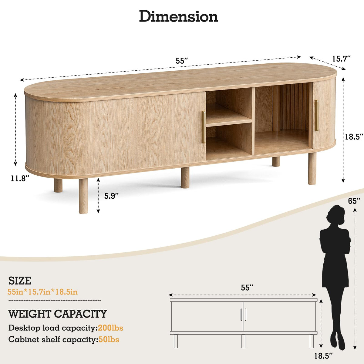 ZttRiee TV Stand with Sliding Doors for TVs up to 60", Modern, Natural