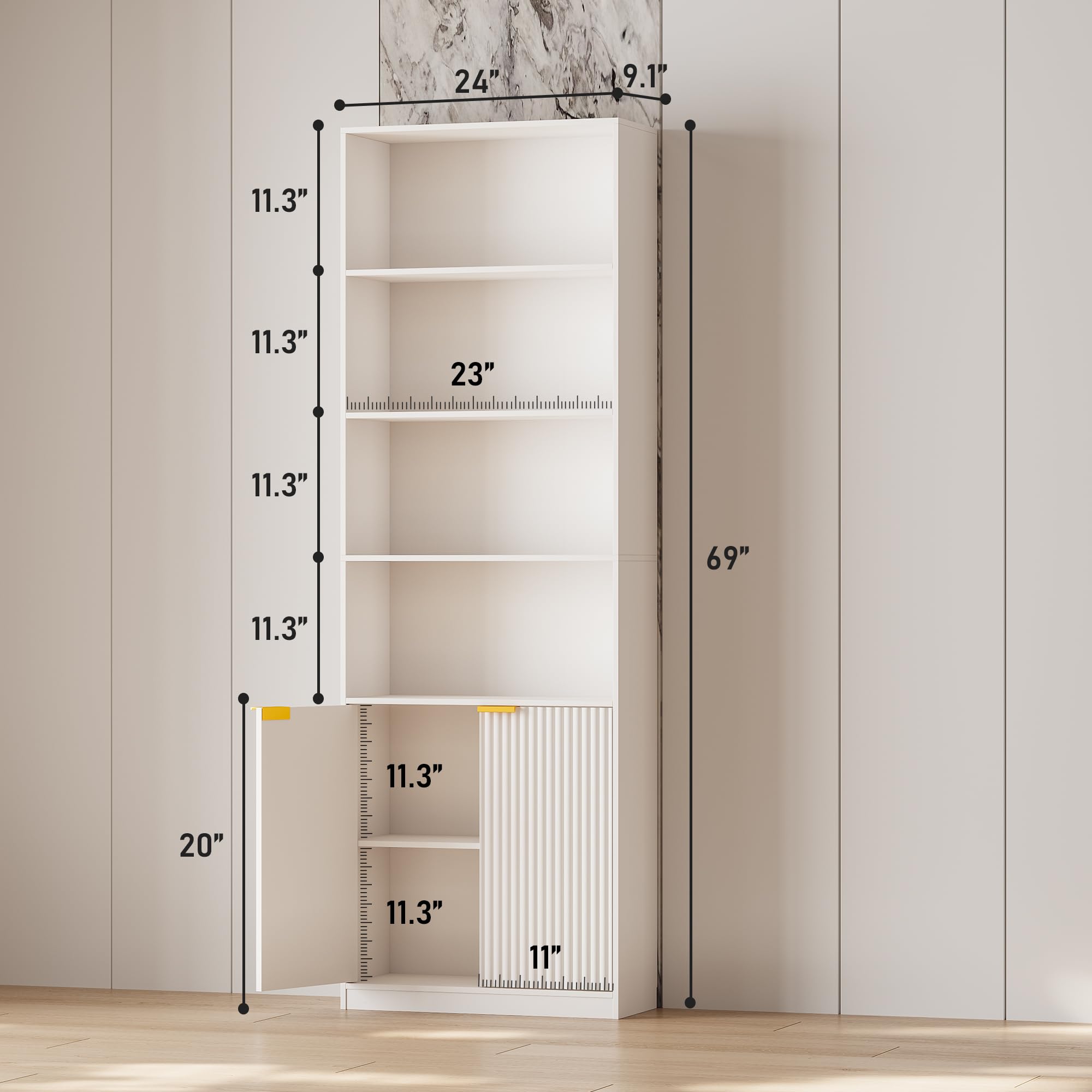 INNOD 69" Tall Book Shelve Bookcases with Doors, Floor Standing 6 Shelf Display Shelves, Bookshelf with Storage Shelf, Home Decor Furniture for Living Room Home Office