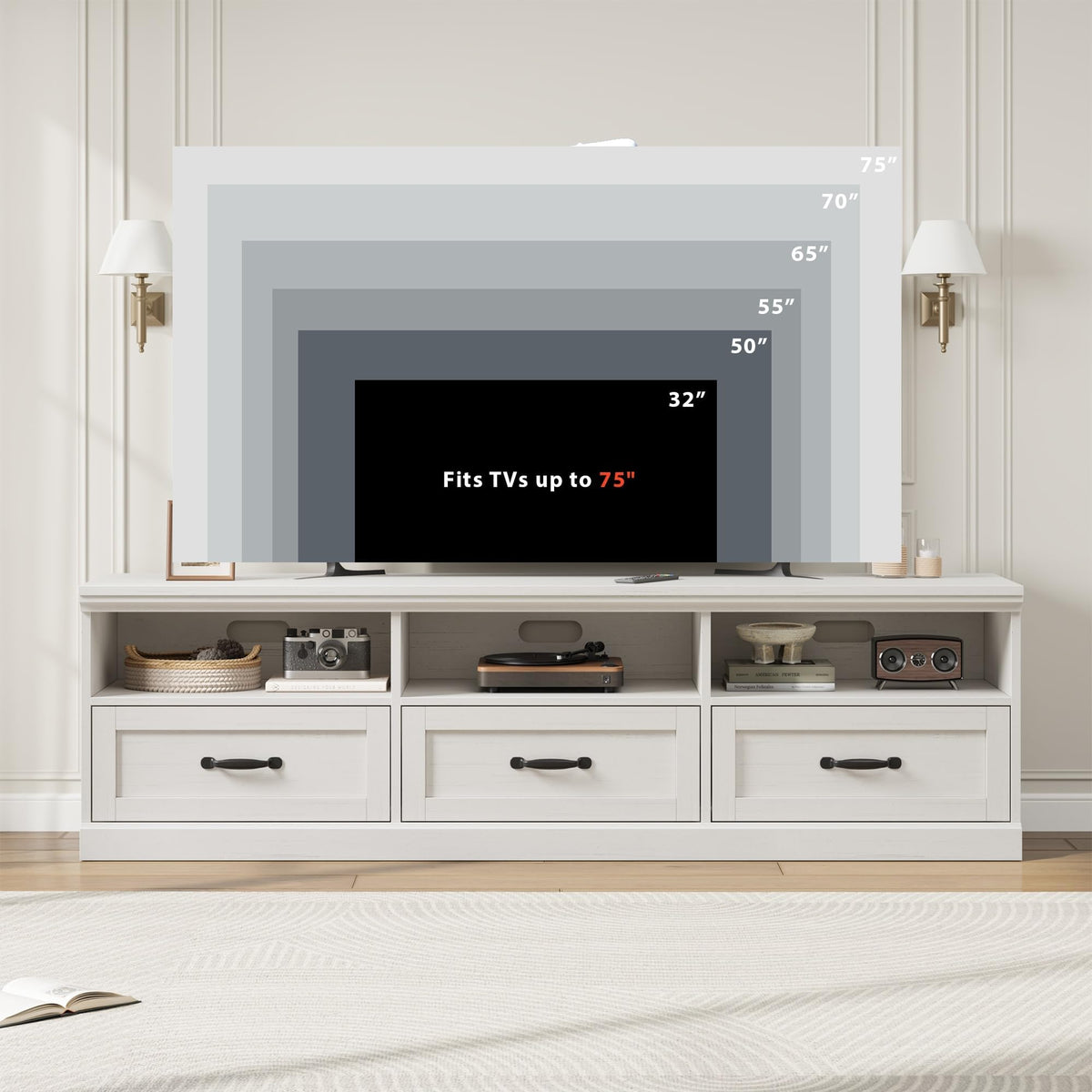 Garvee 70 Inch Mid-Century Modern TV Stand for 65/70/75 in TV, Entertainment Center with 3 Storage Drawers & Open Shelves, Media Cabinet for Living Room Bedroom, Antique White