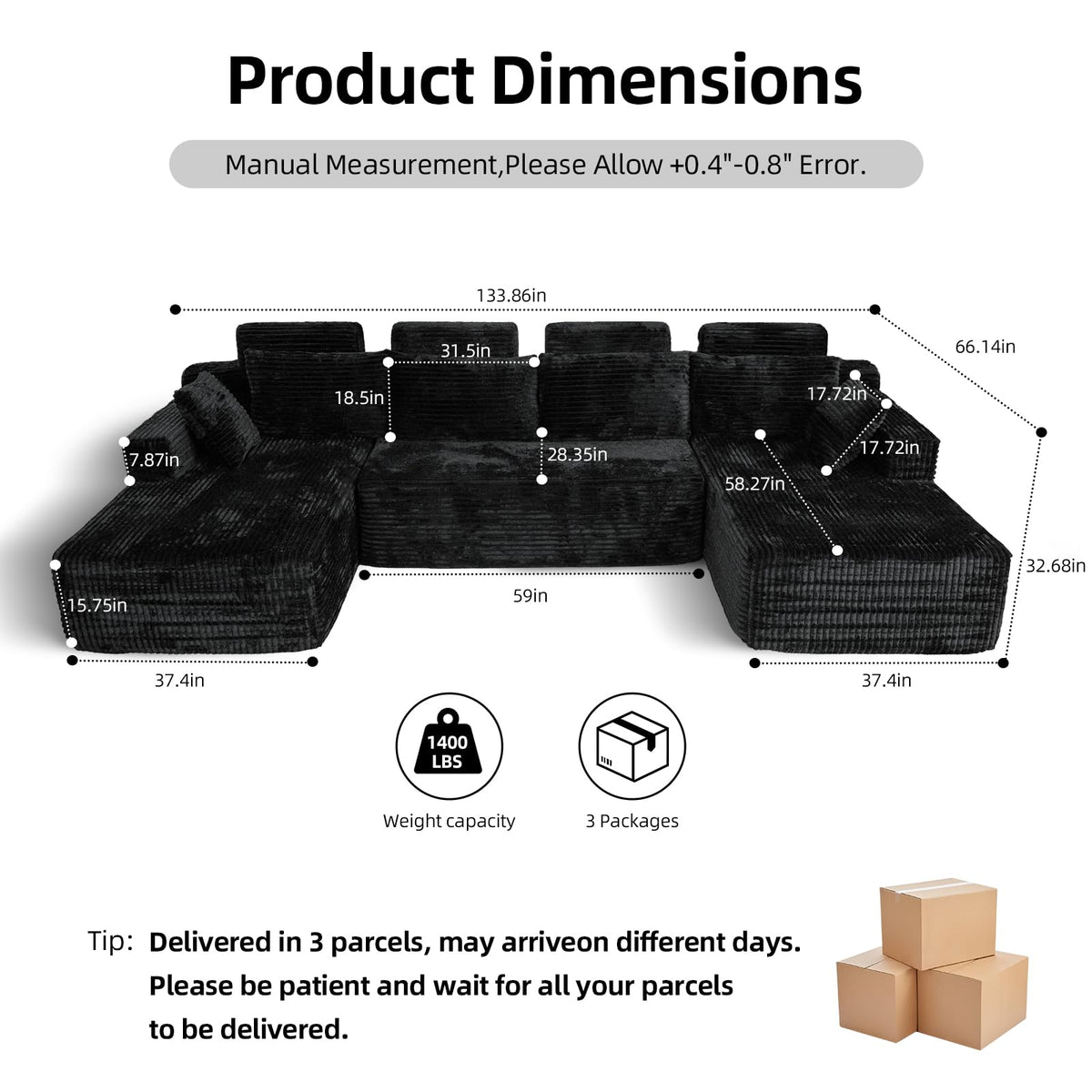 134" Boneless Couch for Living Room, Oversized U Shaped Modular Cloud Sofa with Deep Seat, 6 Seater Convertible Memory Foam Couches, No Assembly Plush Corduroy Sofa (Black)