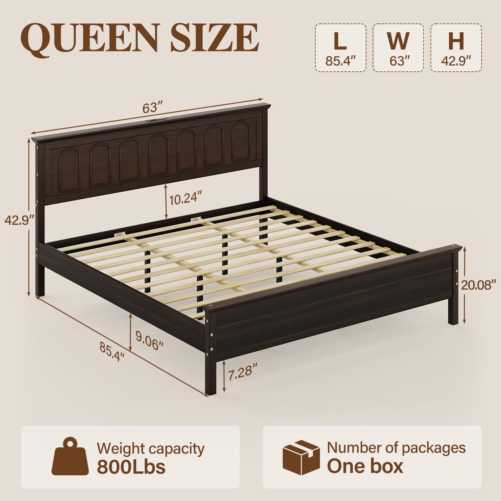 Uteeran Queen Size Bed Frame with Tall Headboard, Mid Century Modern Wood Platform Bed with Charging Ports and LED Lights, Solid Wood Slat Support, No Box Spring Needed, Easy Assembly, Walnut Brown