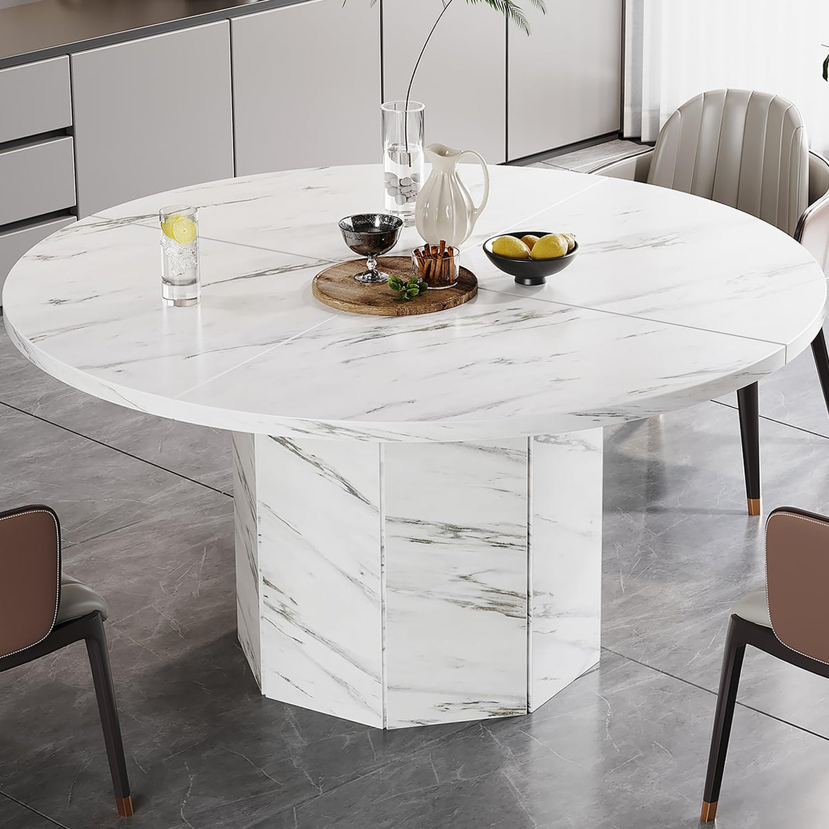 White Faux Marble Round Dining Table
