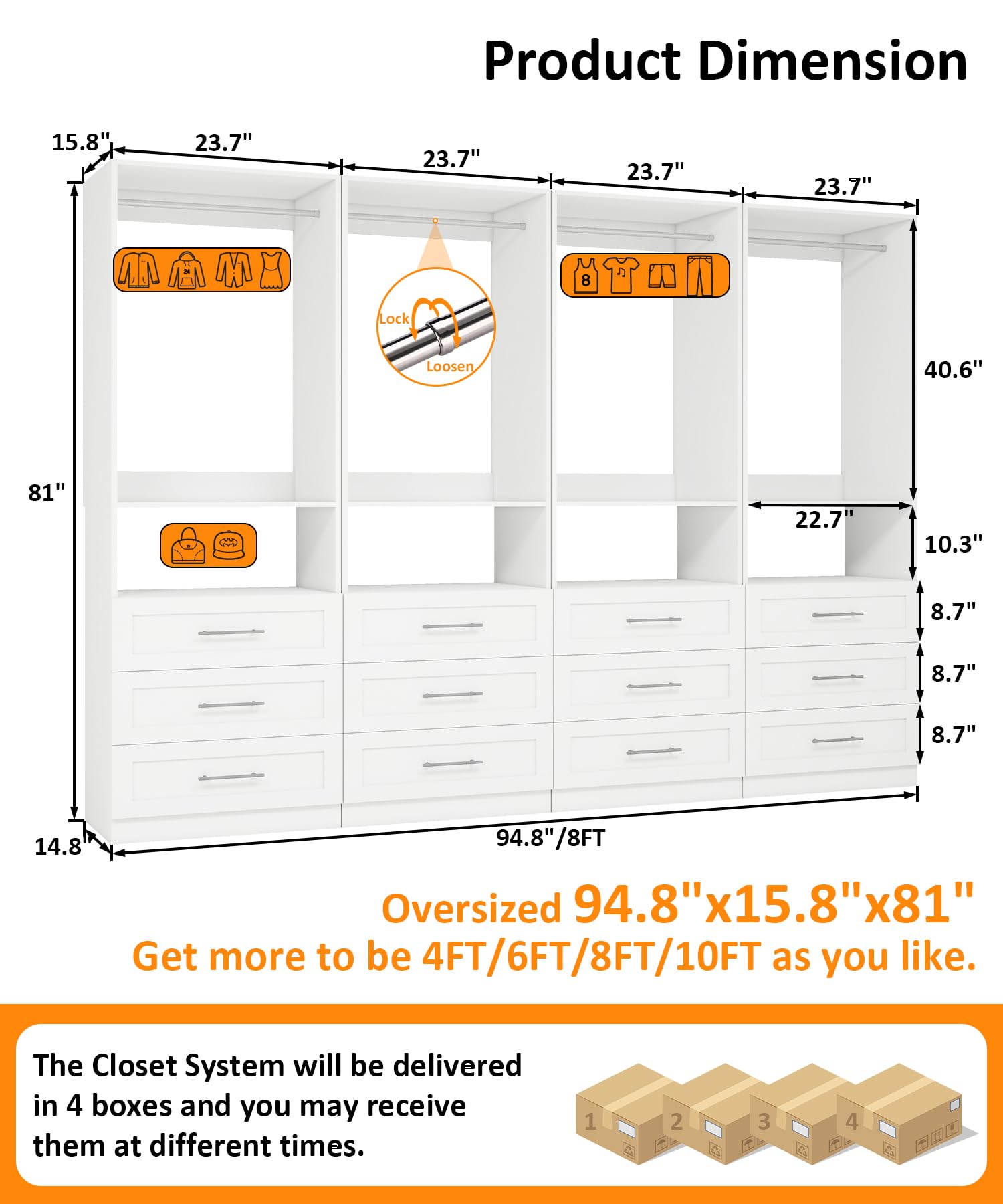 Closet System with Wooden Drawers, 8FT Closet Organize System with Drawers & Hanging Rods &for Walk in Closets, 4PCS*24" Freestanding Closet System, White(8FT)