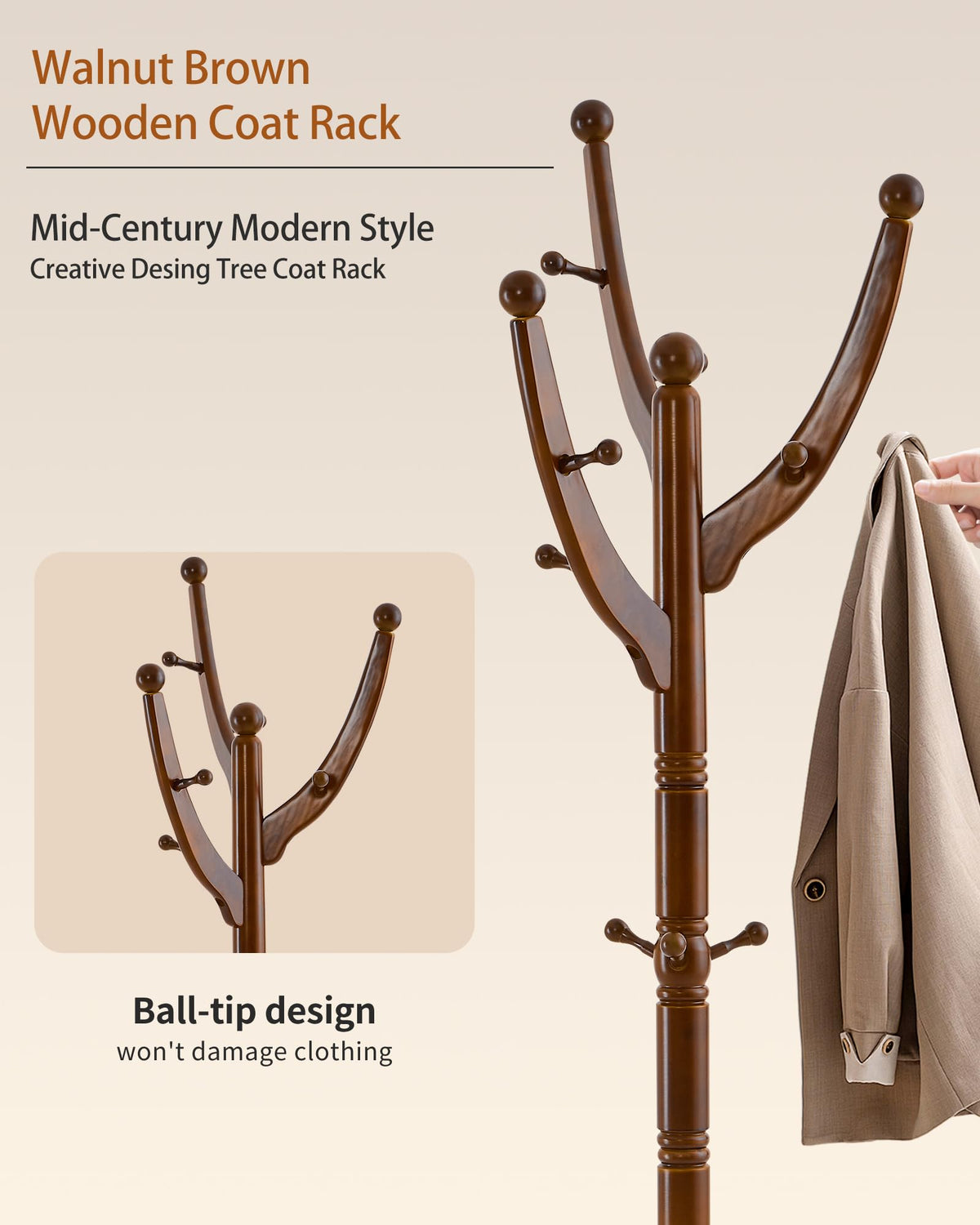 ZIECUKU Coat Rack Freestanding,Solid Wood Coat Hall Tree with 13 Hooks