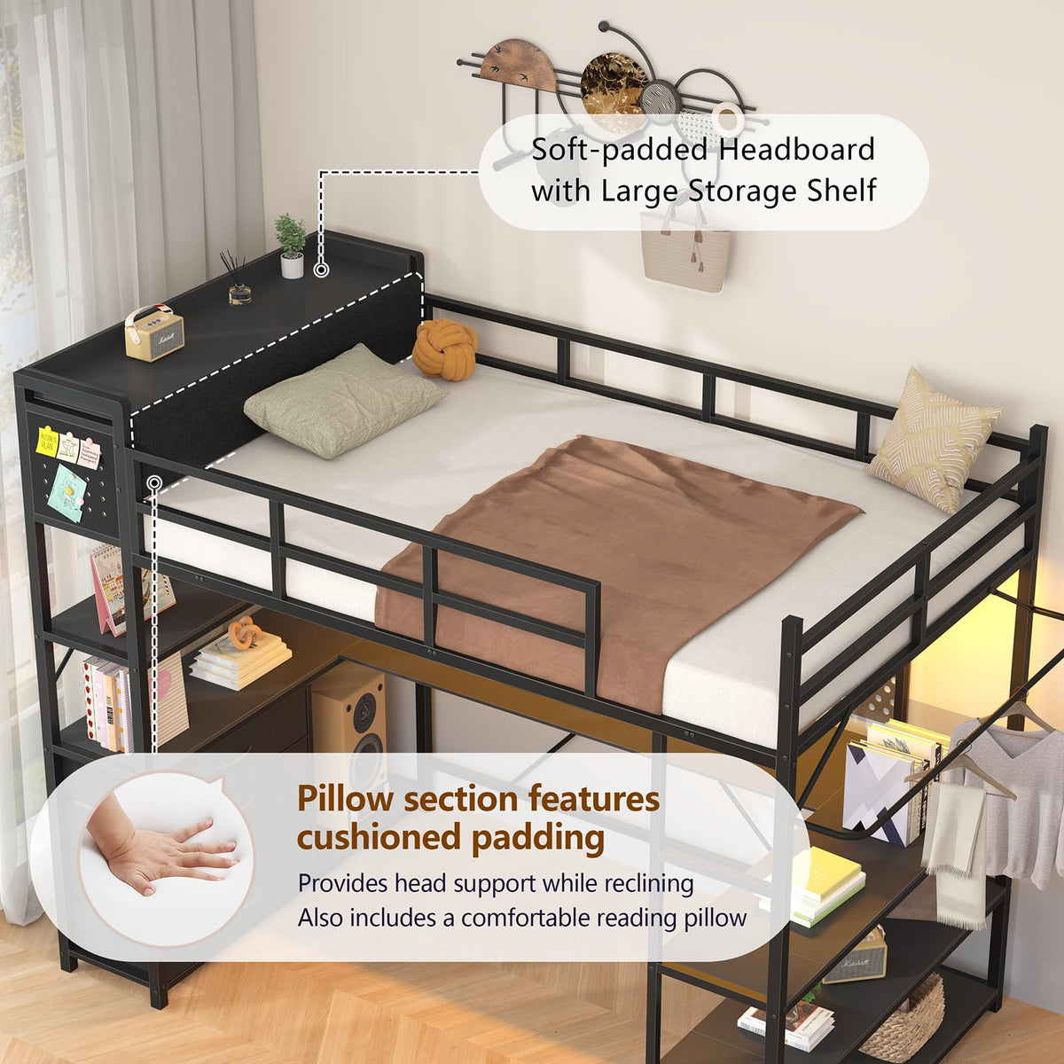 Black Loft Bed Twin Size with Storage Upholstered Headboard & U-Shaped Desk