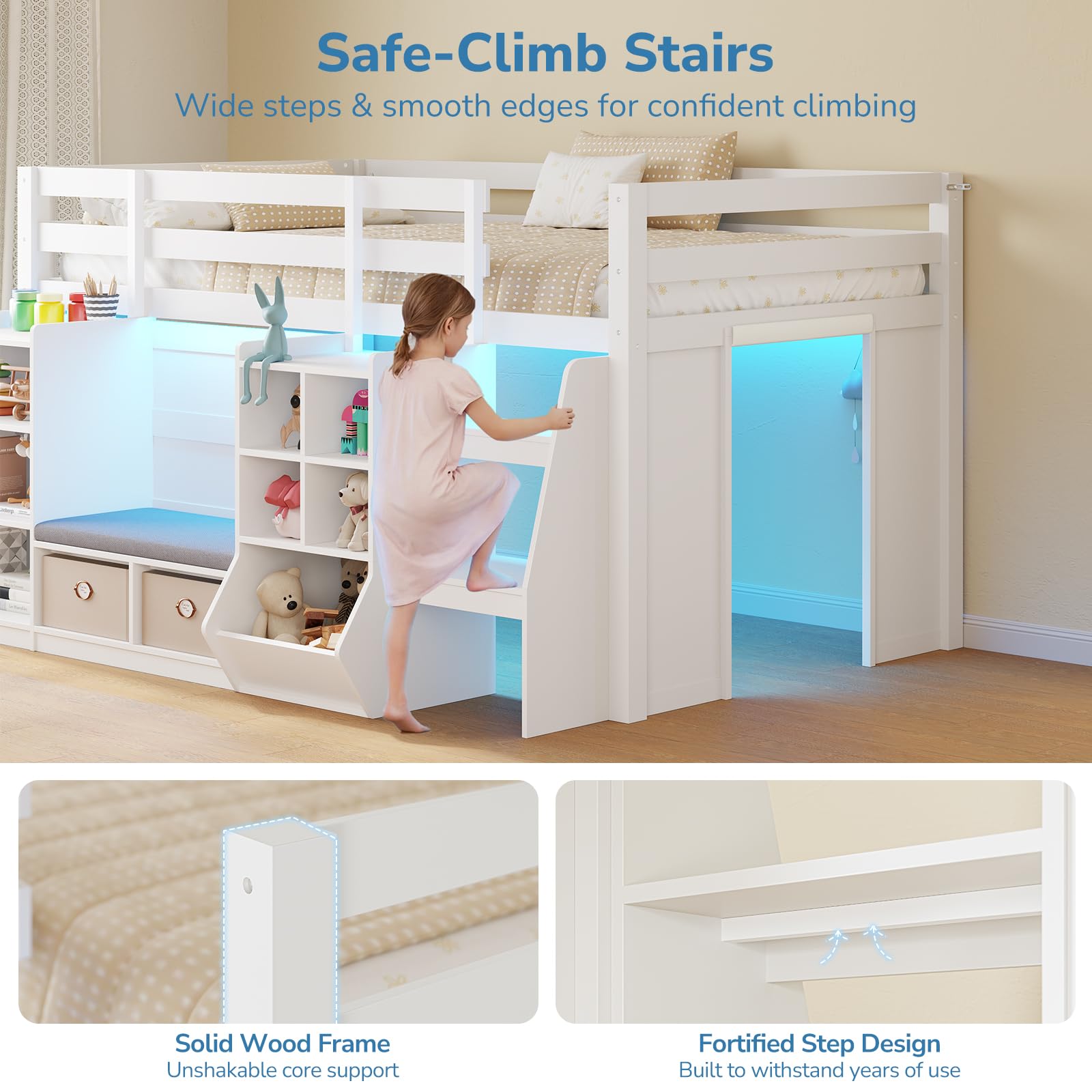 Twin Low Loft Bed with Storage & LED Lights